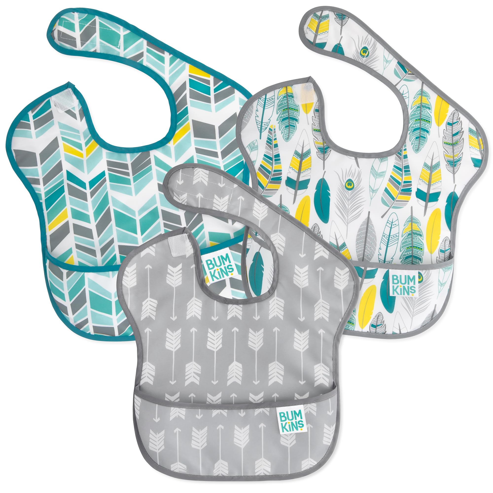 Bumkins SuperBib, Adjustable Hook & Loop Closure, Catch-All Pocket, Baby-Led Weaning, Waterproof, Machine Washable, Stain & Odour Resistant, BPA Free, 6-24 Months, 3-Pack, Arrows, Feather, Quill — image 1