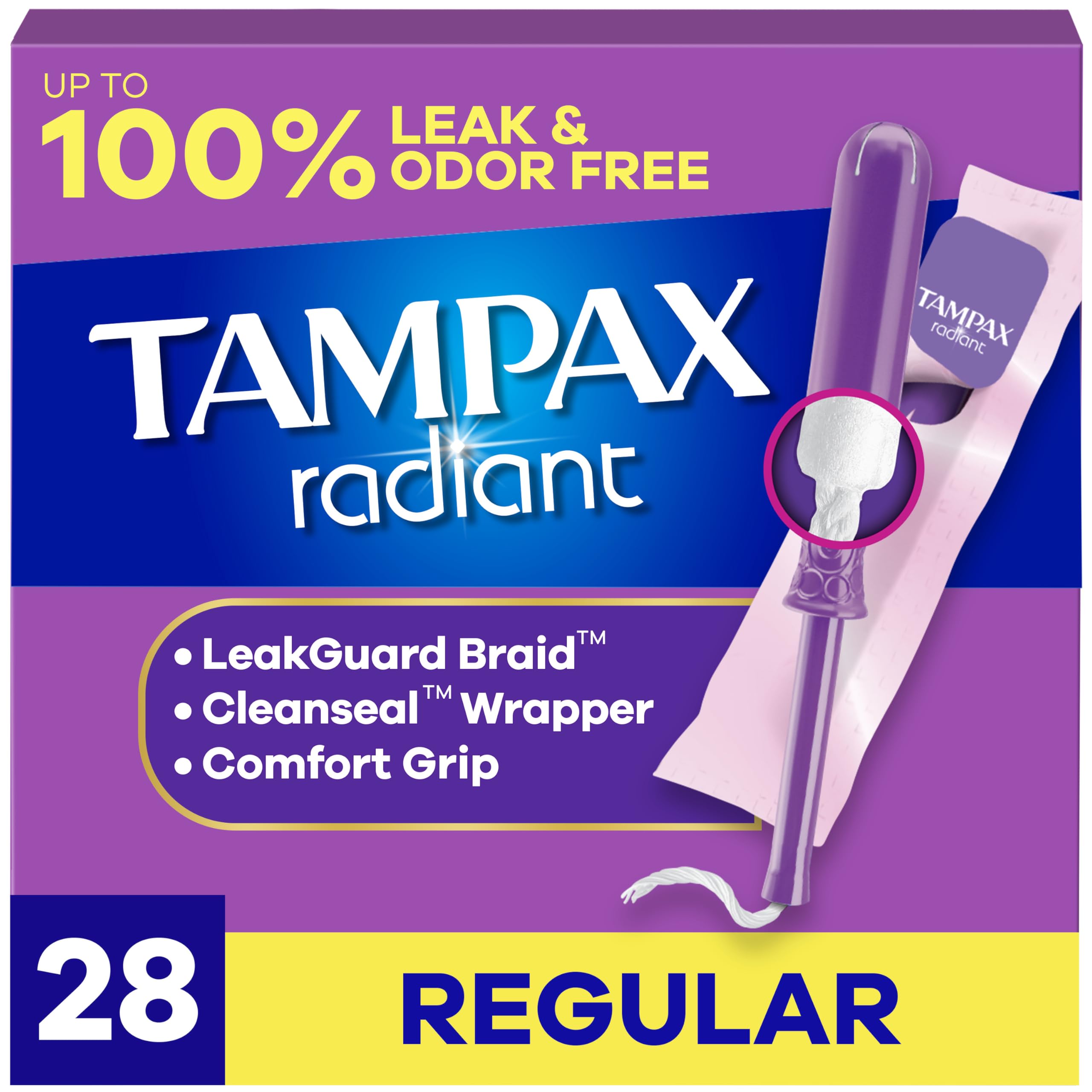 Tampax Radiant Tampons Regular Absorbency, Unscented, 28 Count