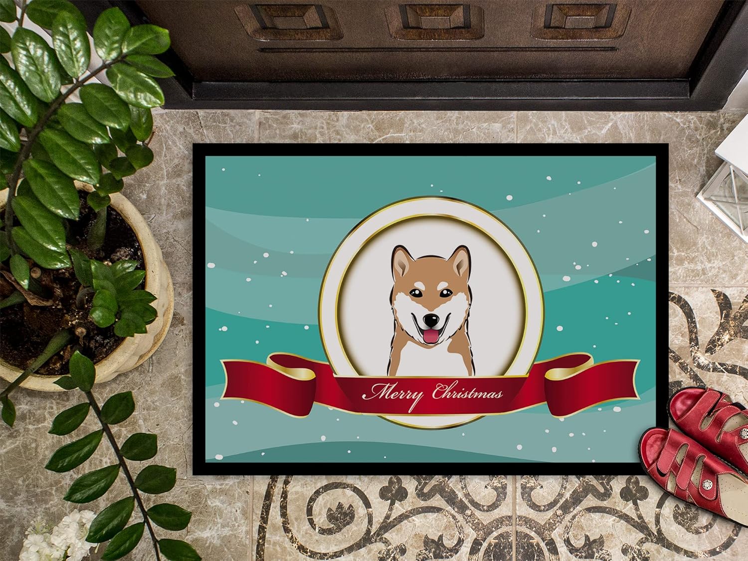 Caroline's Treasures BB1535MAT Shiba Inu Merry Christmas Doormat 18x27 Front Door Mat Indoor Outdoor Rugs for Entryway, Non Slip Washable Low Pile, 18H X 27W
