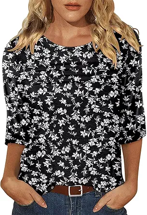 KISSMODA Women's Casual 3/4 Sleeve T-Shirts Round Neck Cute Tunic Tops Basic/Pleated Summer Tops Trendy Spring Blouses