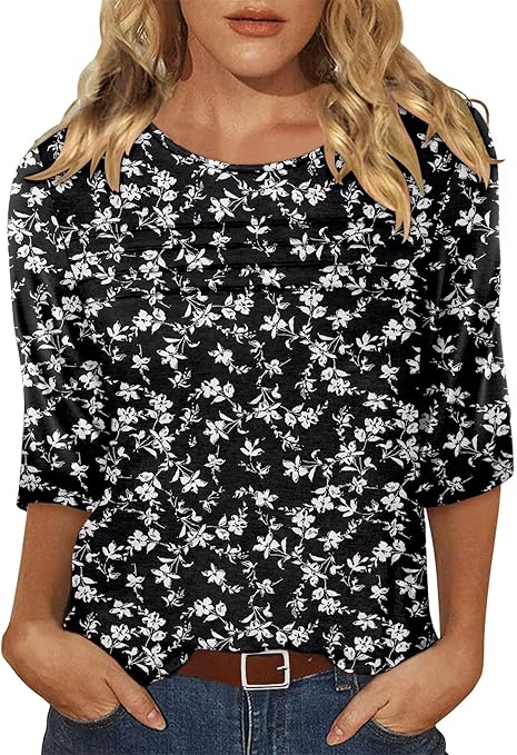 KISSMODA Women's Casual 3/4 Sleeve T-Shirts Round Neck Cute Tunic Tops Basic/Pleated Summer Tops Trendy Spring Blouses