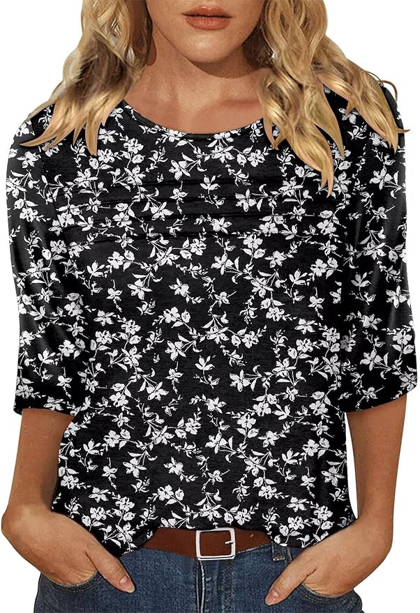 KISSMODA Women's Casual 3/4 Sleeve T-Shirts Round Neck Cute Tunic Tops Basic/Pleated Summer Tops Trendy Spring Blouses