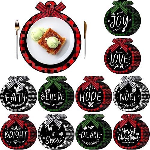 Paquete de 100 manteles individuales desechables de Navidad a cuadros, redondos de Navidad, de 13 pulgadas de diámetro, con lazos para mesa de