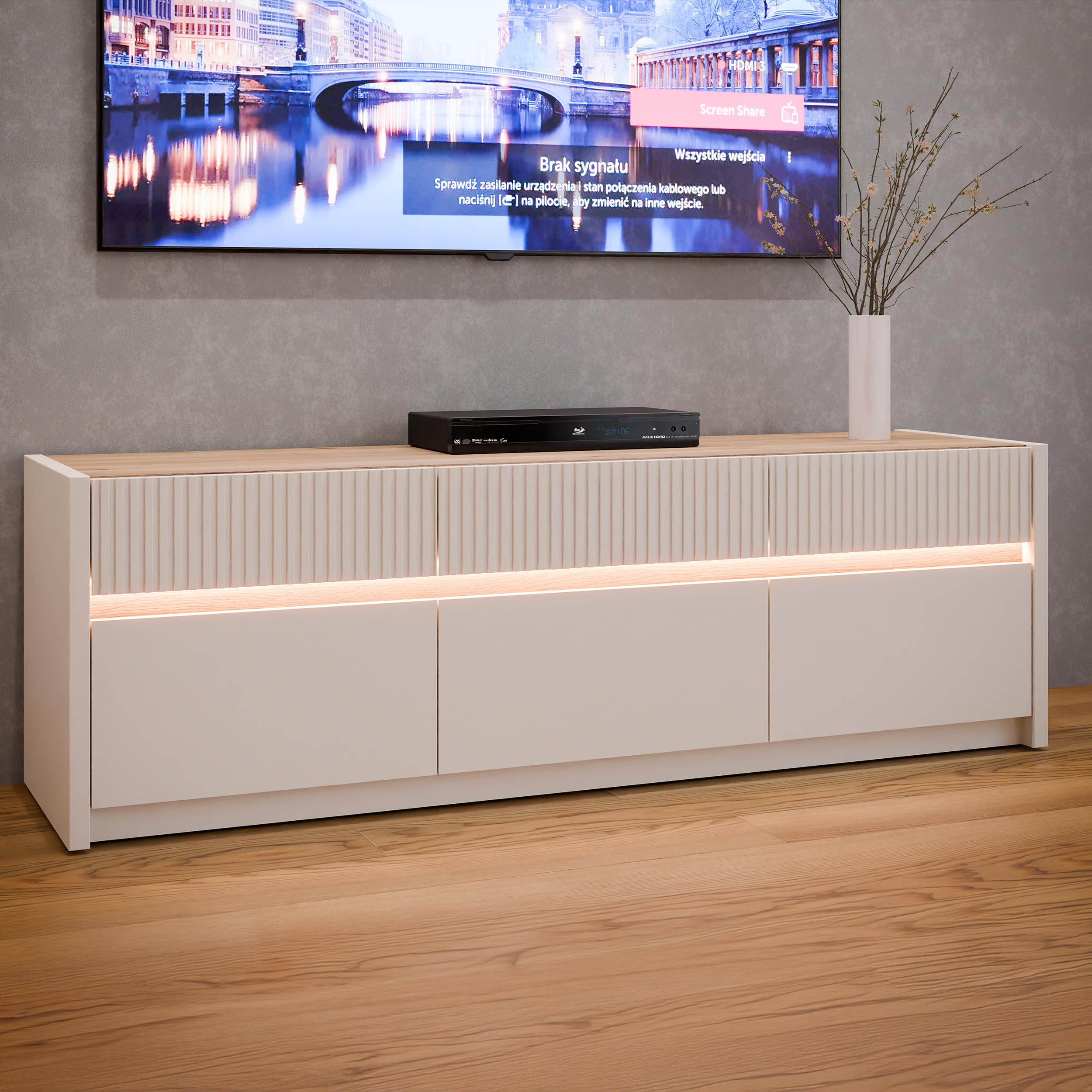 Forte Oak SQUERE TV-Schrank 160, Elegantes Lowboard mit 3 Schubladen und 3 Kippfächern, Holzwerkstoff, Mauvella Eiche Holzdekor, 160 cm breit x 50,7 cm hoch x 41,5 cm tief