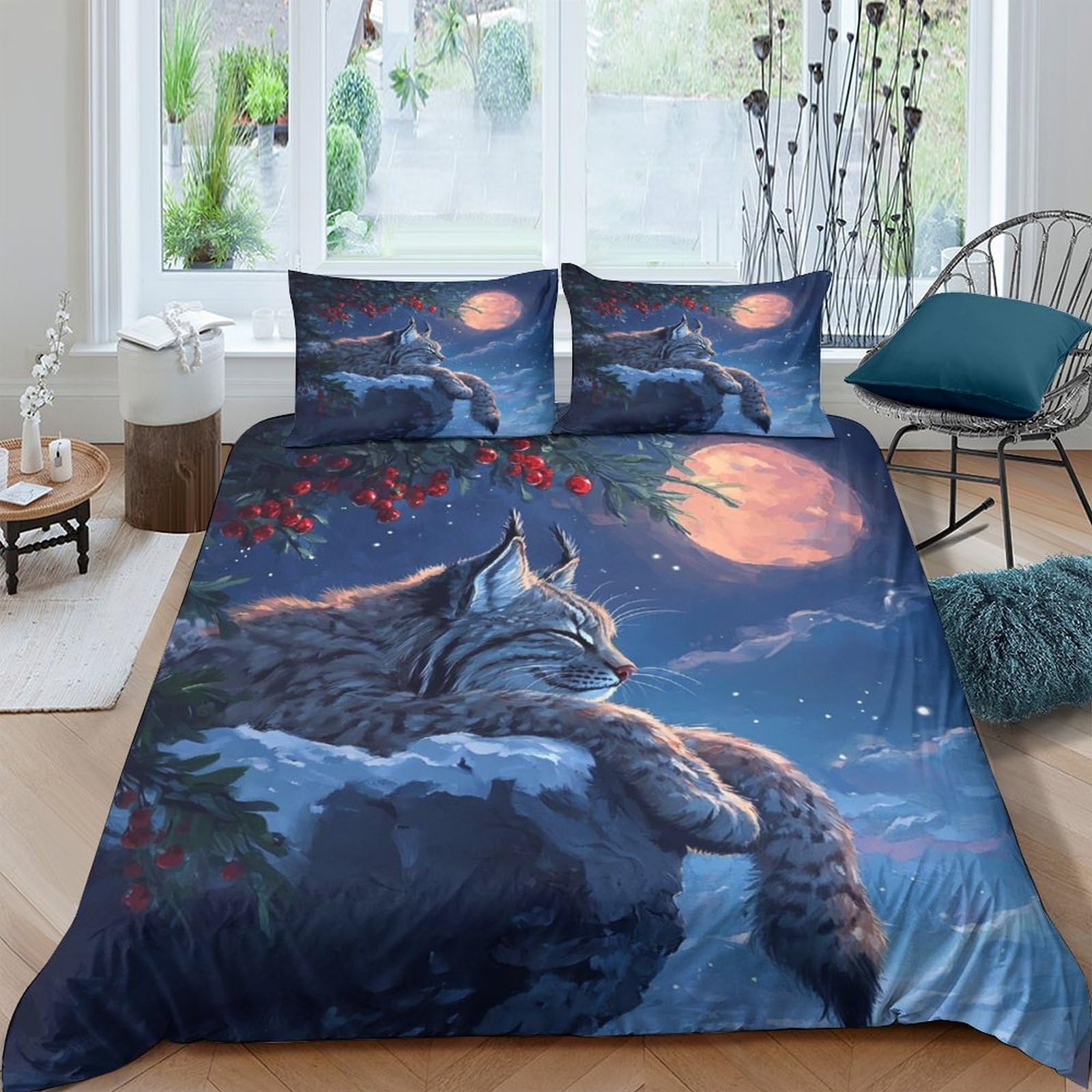 P5V6M1Q9 3D Printed Wolf Moon Night Duvet Cover Microfiber Soft Breathable Forest Sky Bedding Set with 2 Pillowcases for Bedroom Home Decor Single（135x200cm）