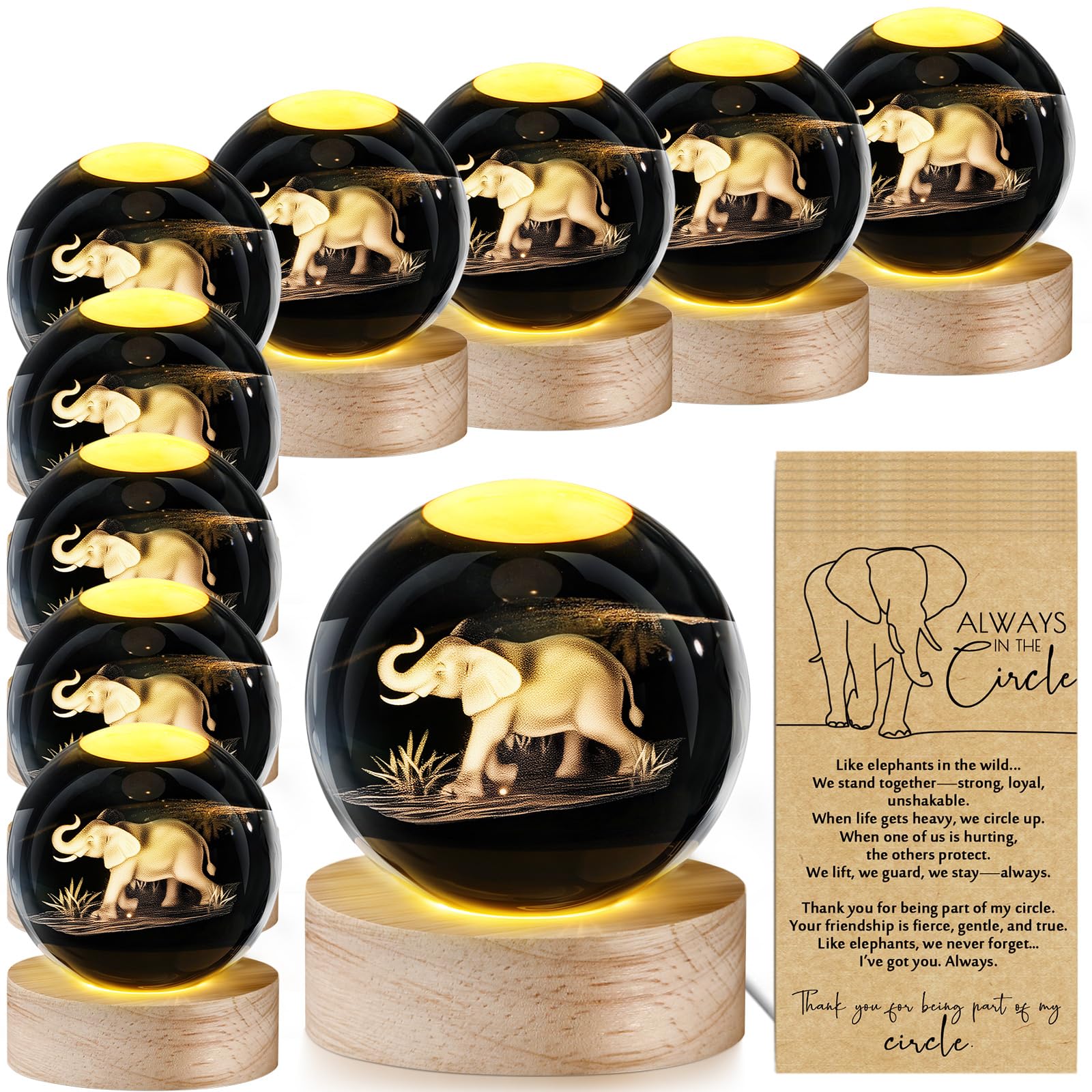 Jetec Set di 10 lampade da notte a forma di elefante in 3D, con base in legno, regalo per amici, migliore amico, dottore, regalo per donne a lunga distanza, per Natale, compleanno