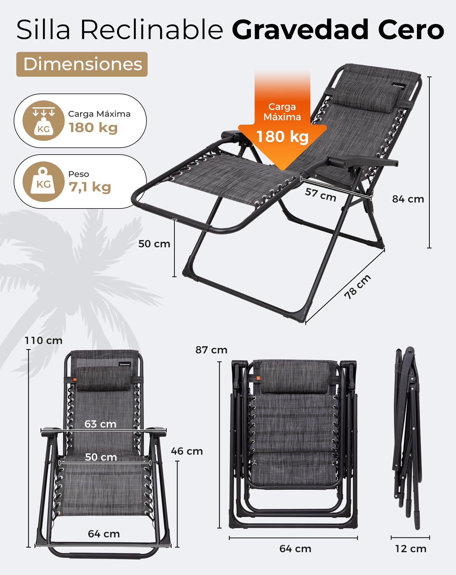 KingCamp Tumbonas Gravedad Cero Plegables hasta 180 kg, Pack de 2 | Silla Reclinable de Jardín Ajustable 90°-130°, Reposacabezas, Textilene y Acero, Tumbona Portátil para Camping Jardín Terraza