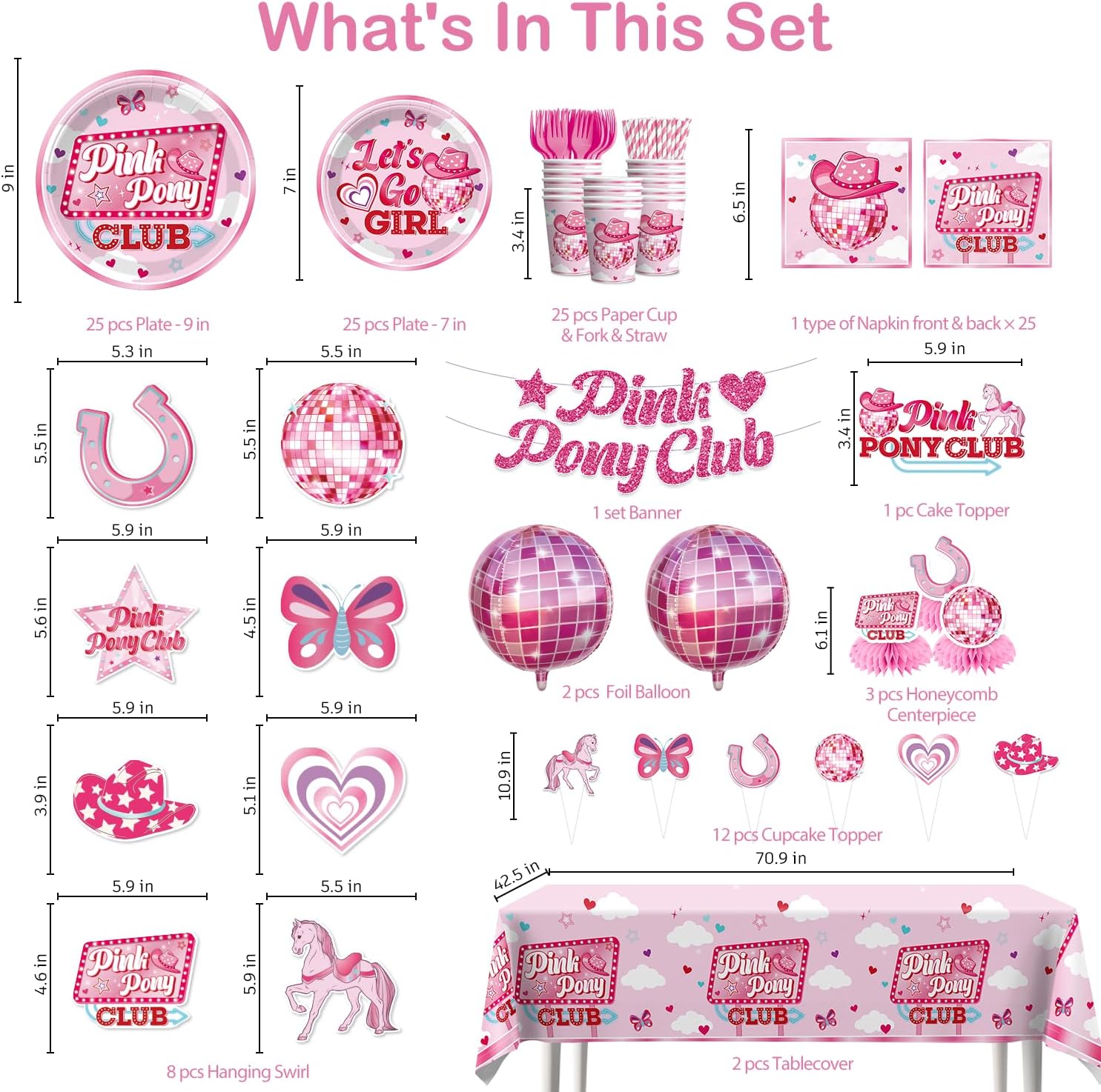 Pink Pony Club Decorations with Cake Topper, 25 Serves pink pony club Disposable Tableware Set, with 2pcs Table Cloth, Banner, for Disco Cowgirl and Bachelorette Party Decorations