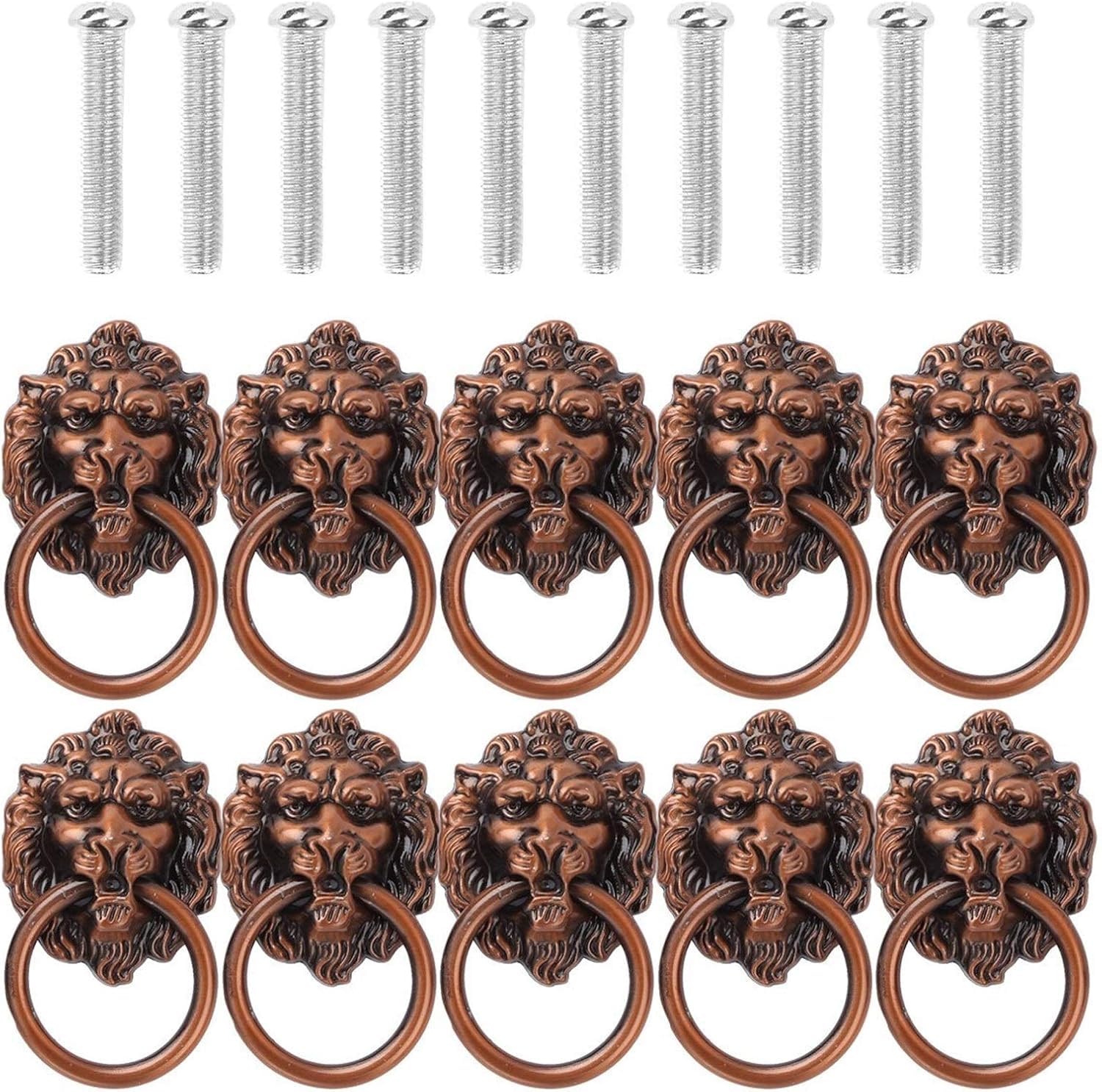 Zhaoqin 10Pcs Copper Door Knocker Door Knockers 10Pcs Lion Head Zinc Alloy Knob Pull Handle Knocker Hardware Ring Furniture Mounting Screws Antique Pulls Knobs(10Pcs Copper)