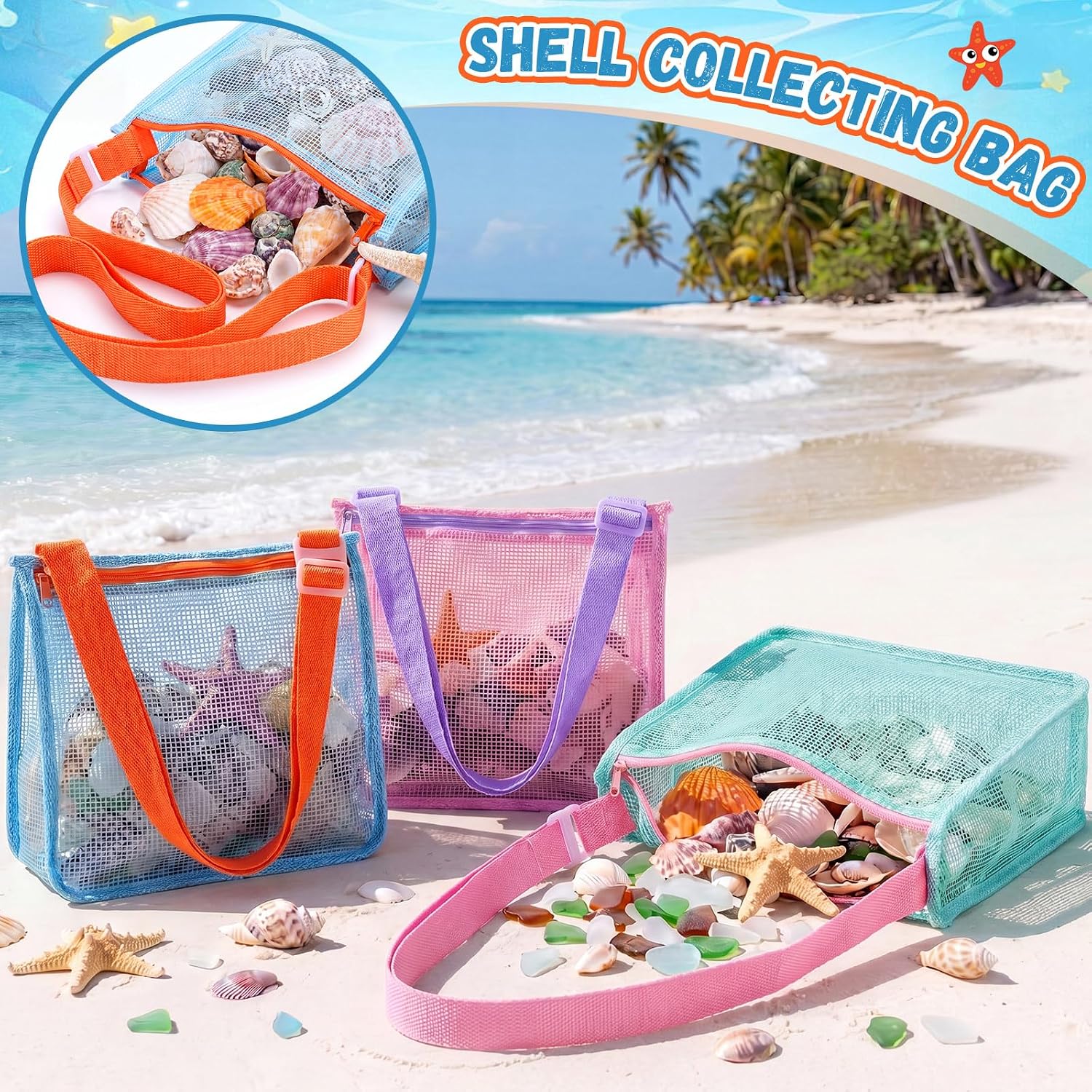 Frienda 3 Pcs Mesh Beach Bag Beach Seashell Bag Shell Collecting Sand Toy Totes Colorful Swimming Accessories Storage Pouch with Adjustable Carrying Straps for Men and Women (Colors C)