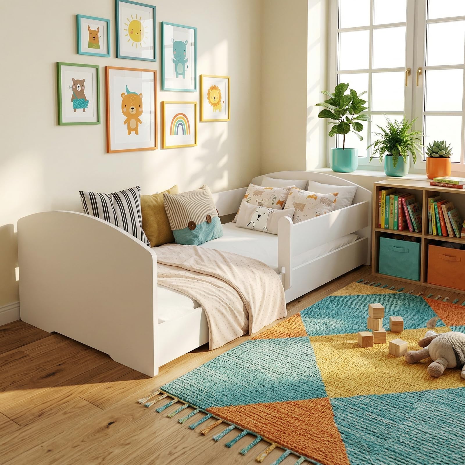 KOBI Cuna Montessori Leo 140x70 Blanca con barandilla: una Cuna Moderna, Segura y extraordinariamente cómoda para niños, de construcción Robusta y con un Elegante Estilo escandinavo