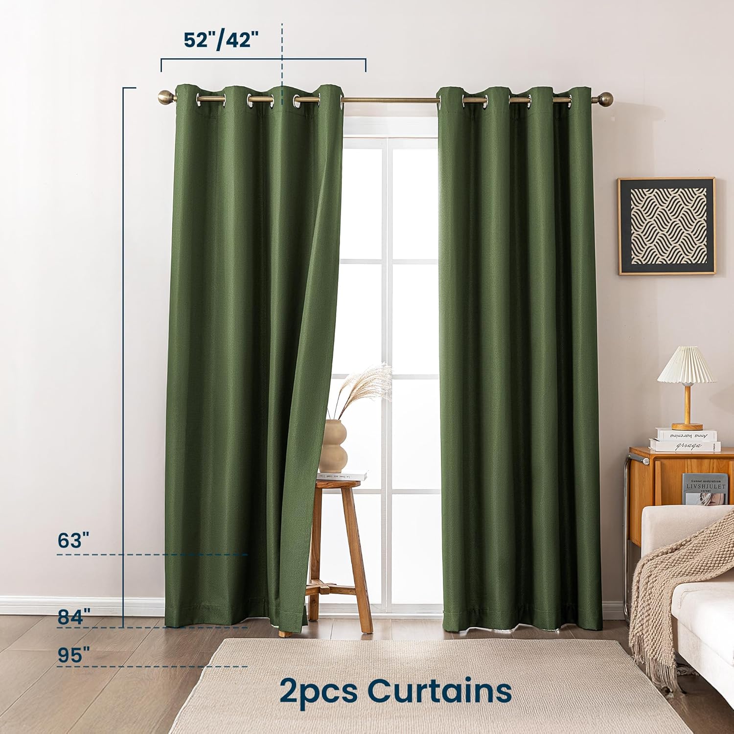SLEEP ZONE Sage Green Blackout Curtains for Bedroom Living Room, 100% Blackout Curtains 63 inch Length for Room Darkening Window Drapes with Grommets 2 Panels Set, 42W × 63L, Sage Green