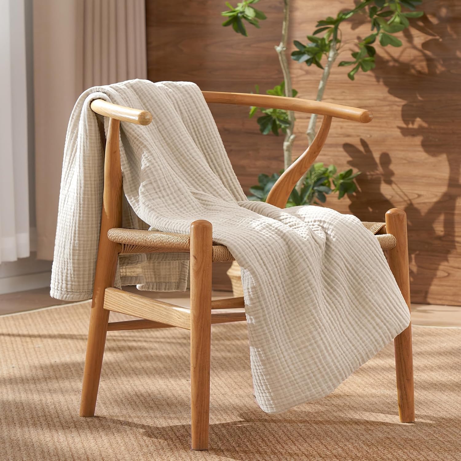 David's Home Pre-Washed 100% Cotton Muslin Throw Blanket, 4-Layer Soft Throw for Bed Couch, Breathable & Lightweight Blankets for Adults Hot Sleepers, Room Decor, Luxury Gift, Oat Milk, 50 * 70"