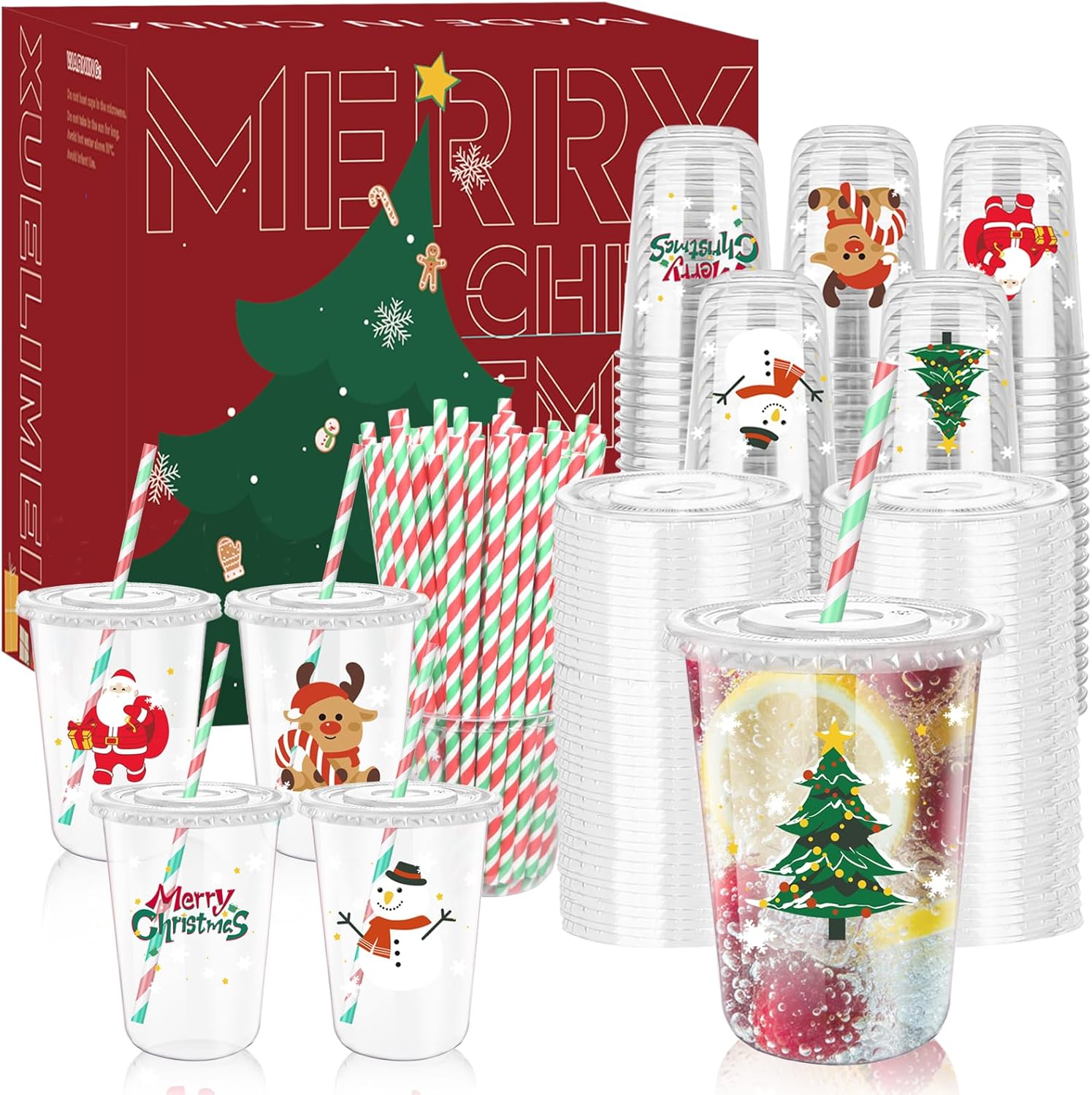 16oz Christmas Disposable Plastic Cups with Lids and Straws-Xmas Tree Santa Reindeer Snow Cold Drinks, Coffee, Beer, Drinks, Ice Cream, Drinking Cups for Holiday Party Supplies. (100)