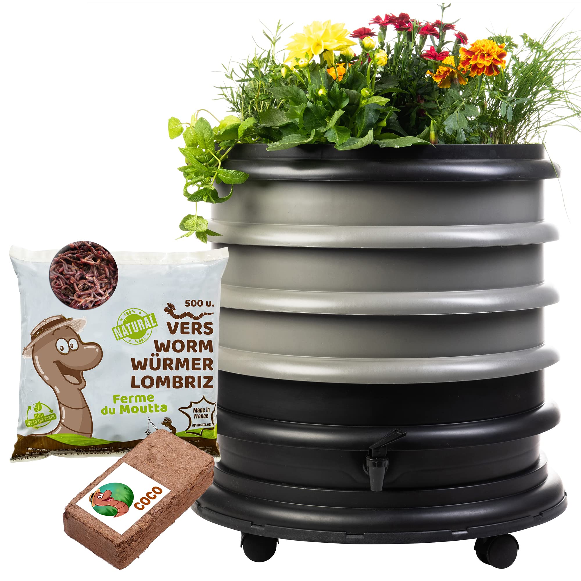 WORMbox | Wormery Worm Farm composter 3 Grey Trays + Planter + 250gr of Compost Worms / 500 ctn + 1 Coco + 1 Coco | 48 liters | Organic Waste Compost, make your Worm Castings