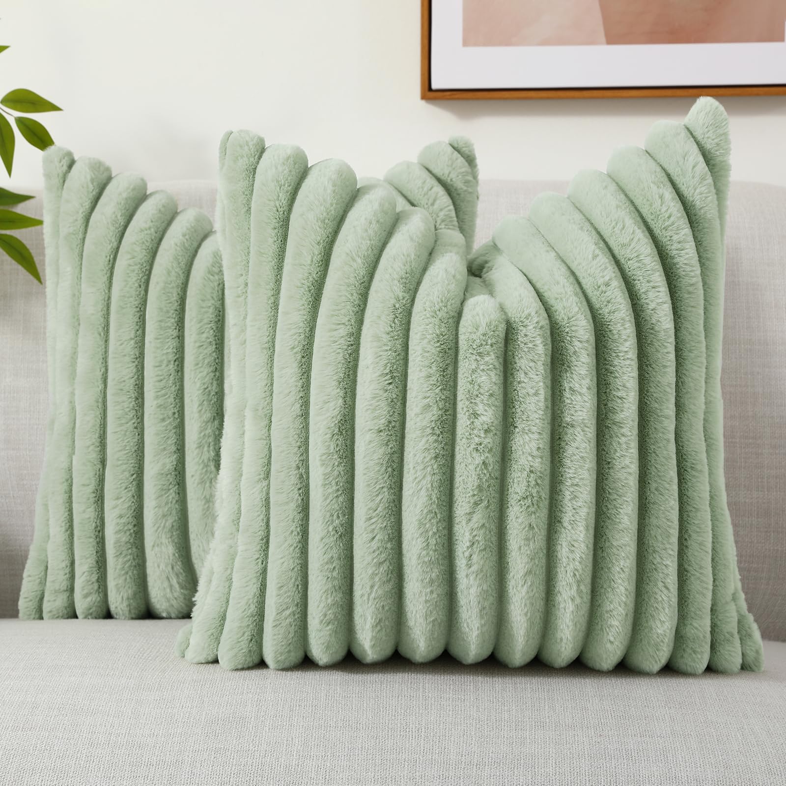 decorUhome Faux Fur Throw Pillow Covers 16x16 Set of 2, Decorative Soft Plush Striped Couch Pillow Covers with Velvet Back for Sofa, Bed, Living Room, Sage Green