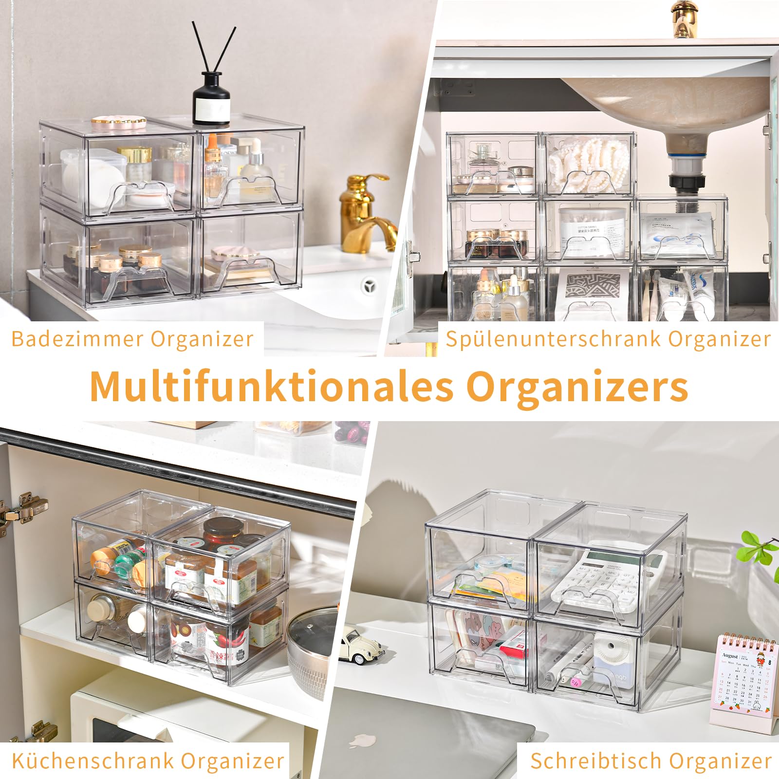Stebopum Acryl Kosmetik Organizer, Stapelbare Schubladenbox & Transparente Schubladen Organizer für Schminktisch und Badezimmer (4Pack)