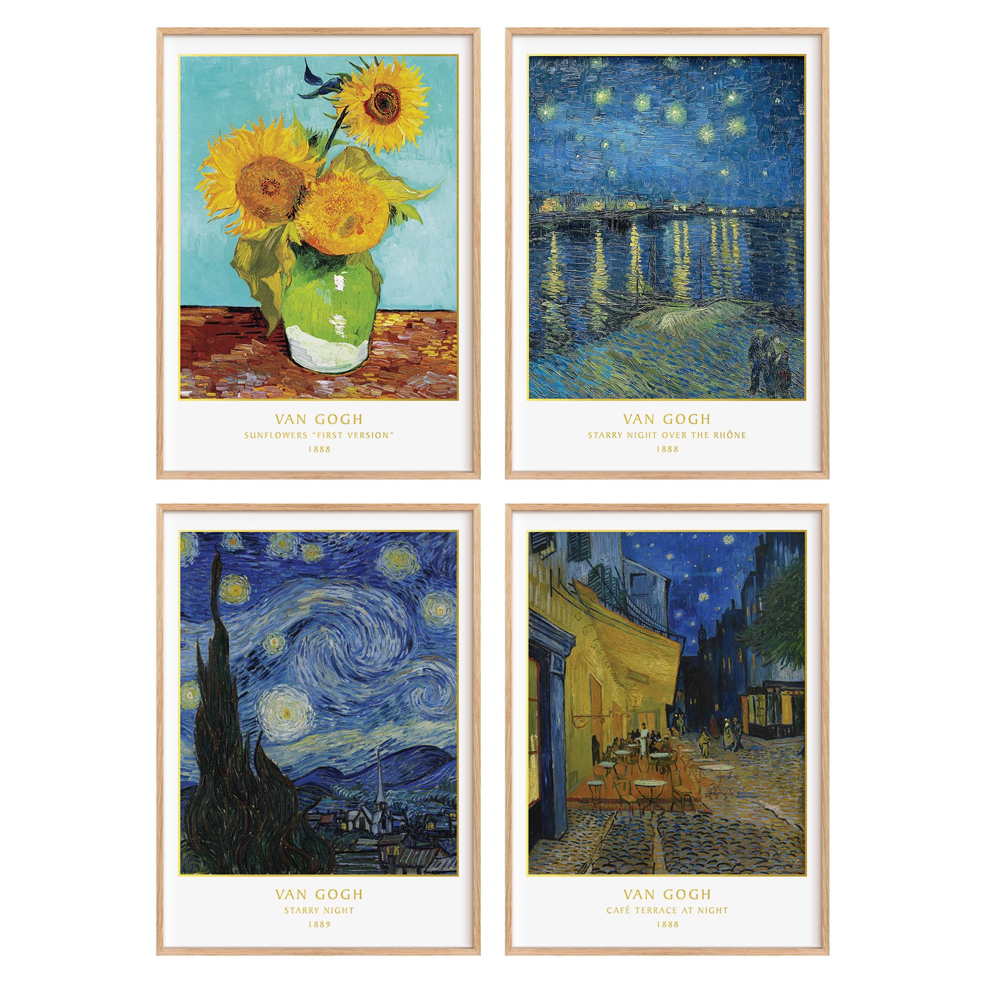 Made by Mika Ltd Gold Foil Printed Van Gogh Famous Paintings Wall Art Prints, Individual or Set of 4, Starry Night