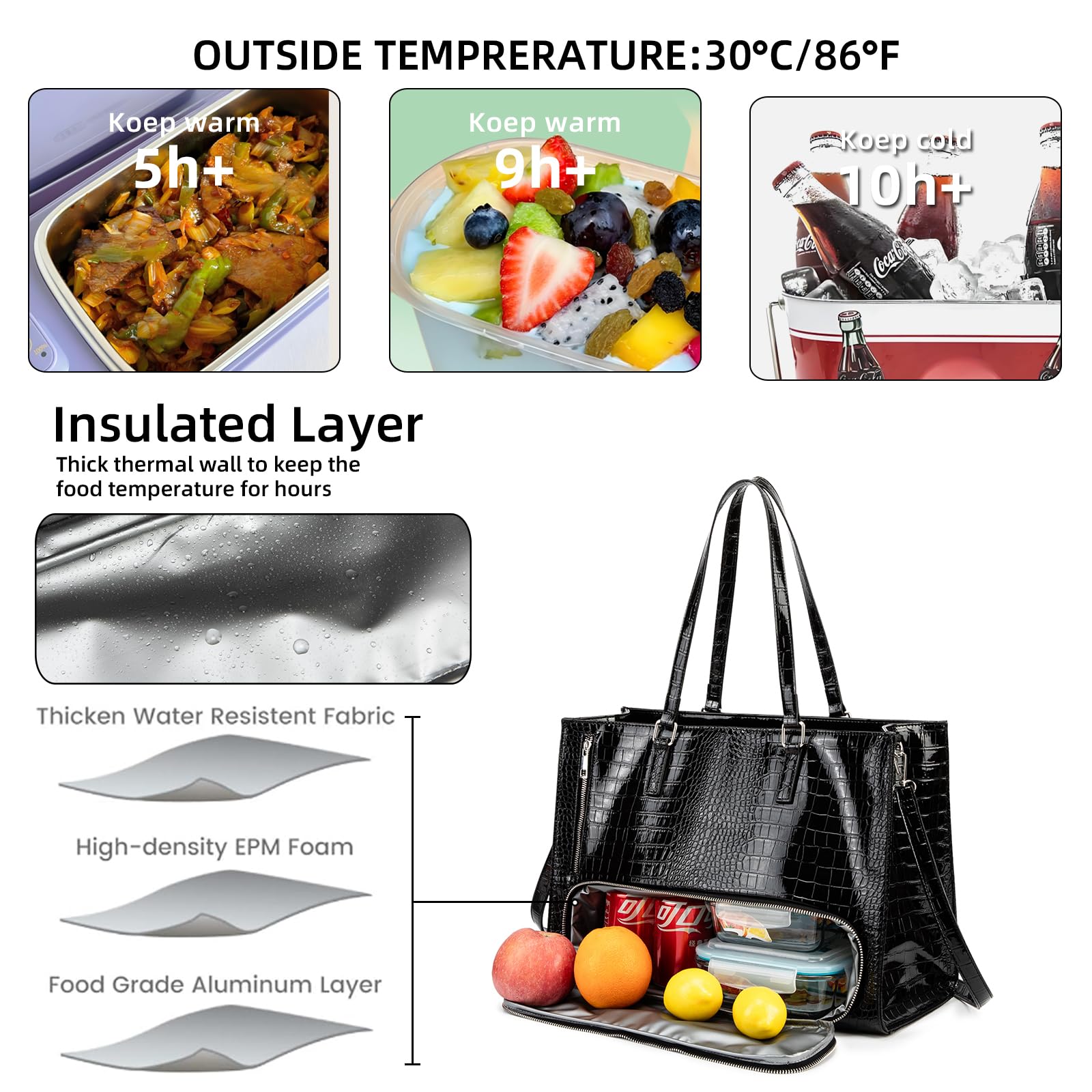 ROYALFAIR Bolsa de almuerzo para mujer, 2 en 1, con compartimento de refrigeración y bolsa para el ordenador portátil de 15,6 pulgadas, gran bolsa de trabajo para oficina, trabajo y universidad (negro