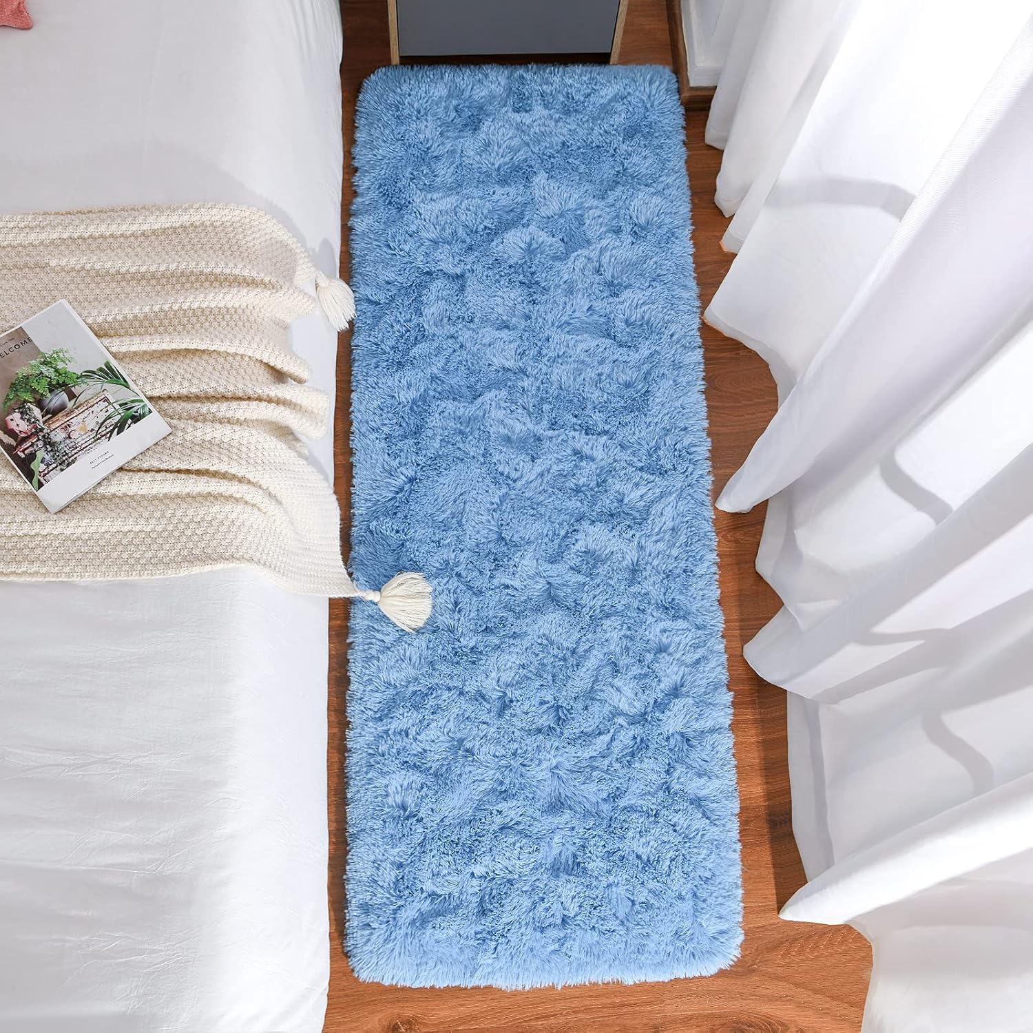 Keeko Blue Runner Rugs for Bedroom Kids Room, 2x6 Fluffy Nursery Bedside Rug Shag Cute Indoor Baby Throw Rugs Fuzzy Area Carpet for Teen Boy Kid Girl Child Room Living Room Decor