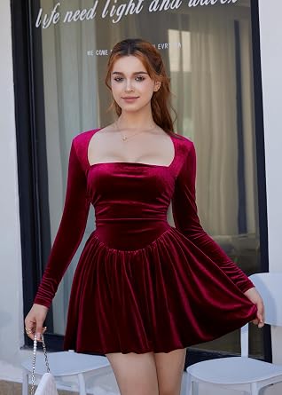 GOBLES Women's Sexy Long Sleeve Square Neck Velvet Bubble Mini Cocktail Party Dress