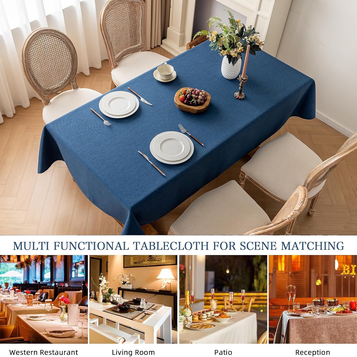 Navy Blue Rectangle Tablecloth 55 x 86 Inch Linen Look Spillproof | Textured polyester fabric, water resistant, wipeable, washable, fits most 6-8 seats, dining, kitchen, patio