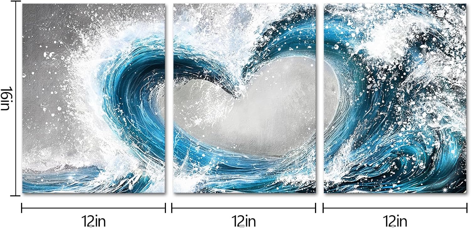 HOMEOART Bedroom Wall Art Ocean Wave Painting Love Sign Wall Decor Framed Artwork Bathroom Bedroom Living Room Decor (Blue)