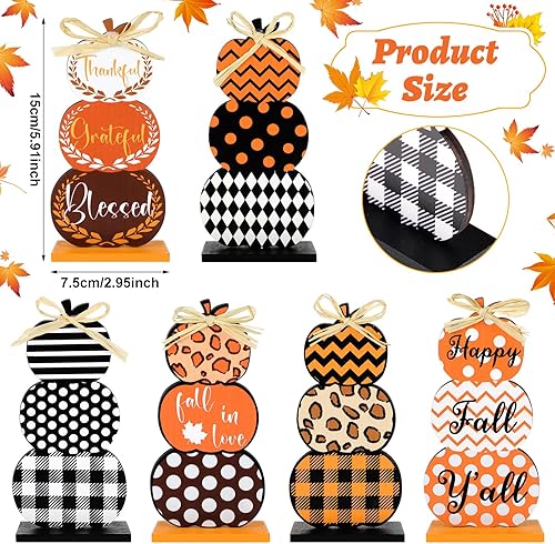 Vista 3 de Barydat 6 letreros decorativos de mesa de otoño, calabazas apiladas, calabazas de madera, apiladas, bandeja escalonada, decoración de Acción