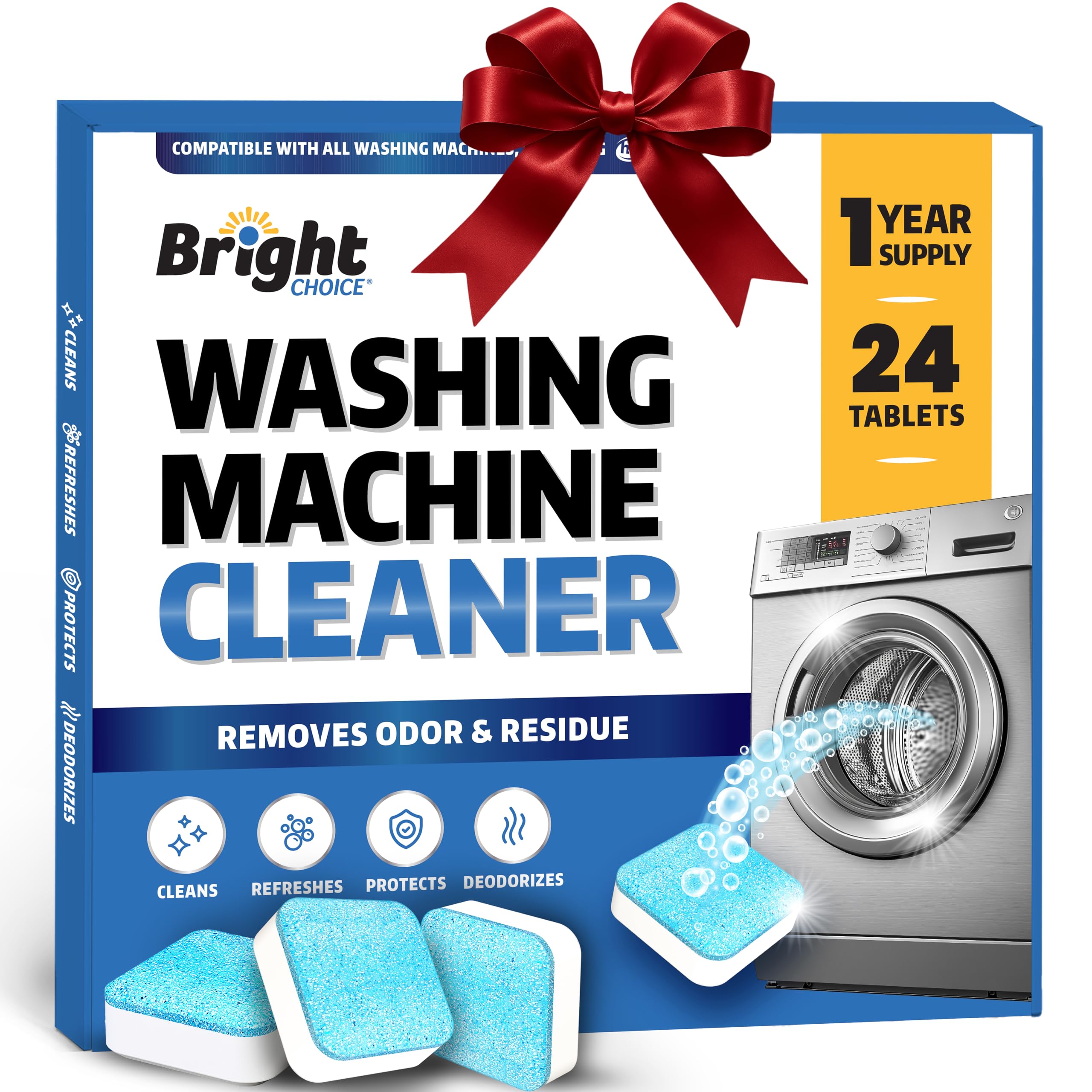 Washing Machine Cleaner Tablets 24 Pack - Deep Cleaning Tablets for Front & Top Load, Works With HE Washers, Removes Residue, Odor & Pet Hair - 12