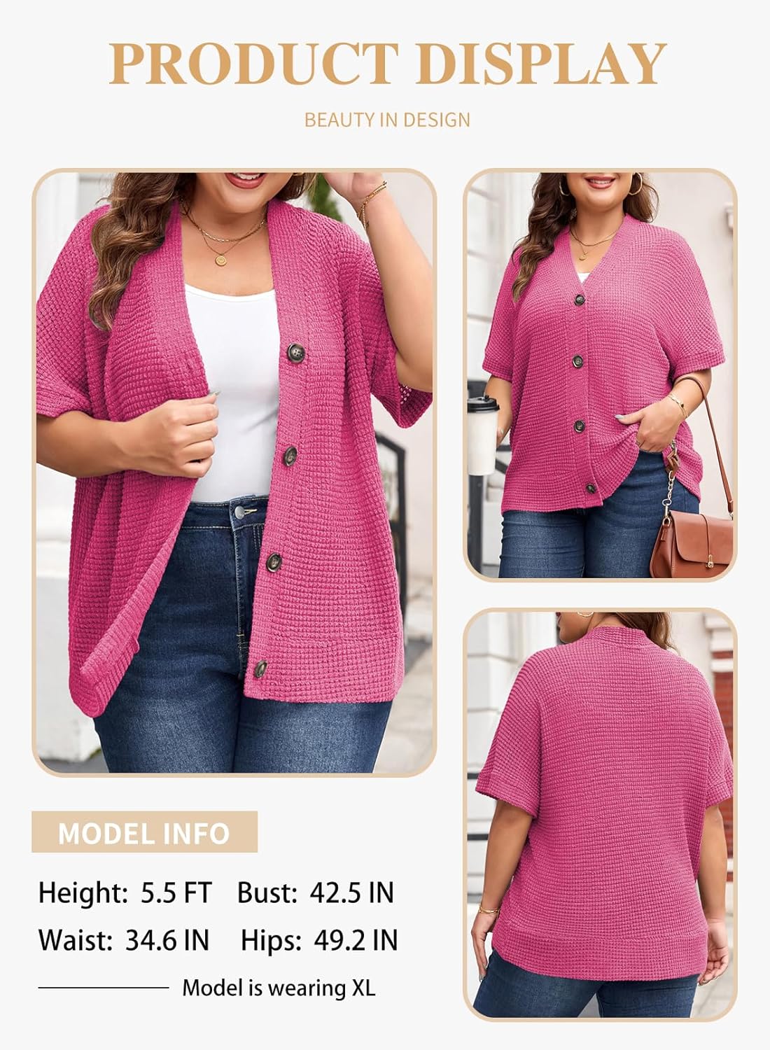 Eytino Womens Plus Size Tops Casual V Neck Short Sleeve Waffle Knit Button Down Shirts(1X-5X) - Image 3