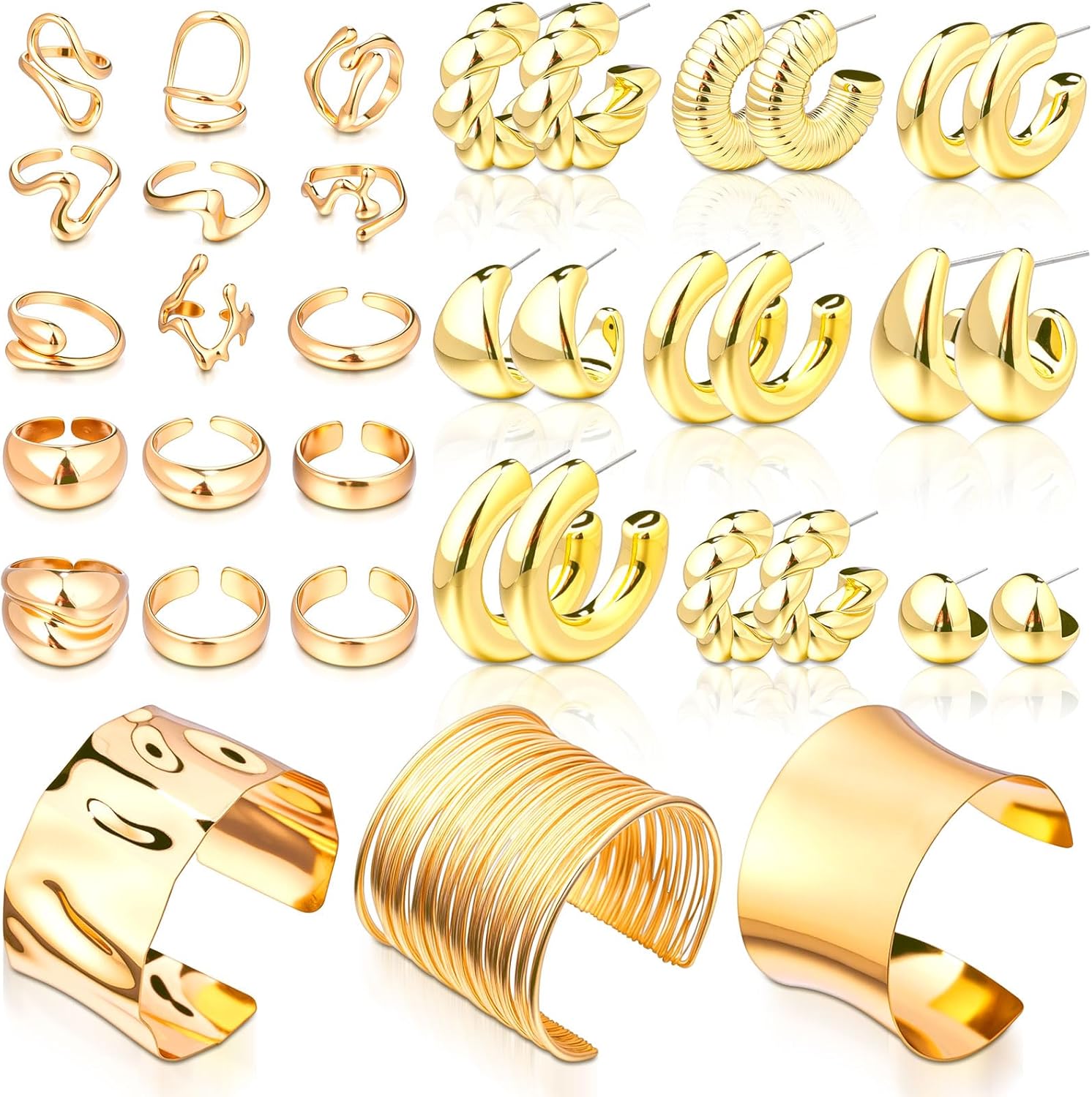 Tondiamo 27 Pcs Chunky Gold Jewelry Set for Women with Cuff Bangle Bracelets, Hoop Earrings and Stackable Knuckle Rings Accessories Non Tarnish Gold Plated Chunky Bracelets Earrings Rings Gifts