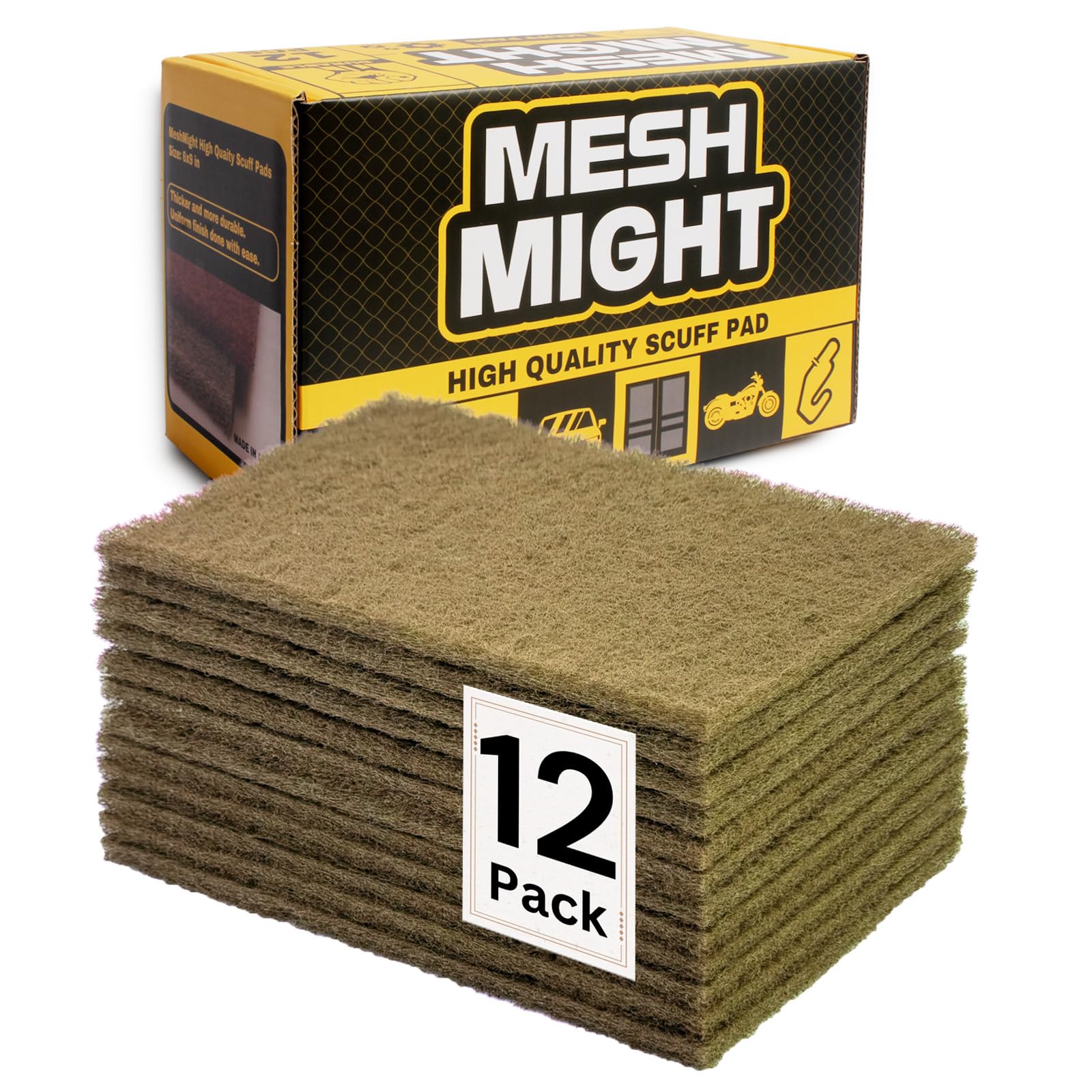 MeshMight 12-Pack 6"x9" Non-Woven Scuff Pads - Gold P150 Aluminum Oxide Abrasive for Scouring, Sanding, Paint Primer Prep - Automotive, Auto Body,
