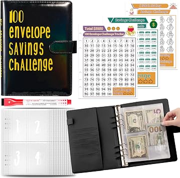 100 Envelopes Money Saving Challenge Binder, Storage Savings Challenges Book with Envelopes, Cash Saving Envelopes Family Budget Binder with Pen & 3 Log Sheet,Black