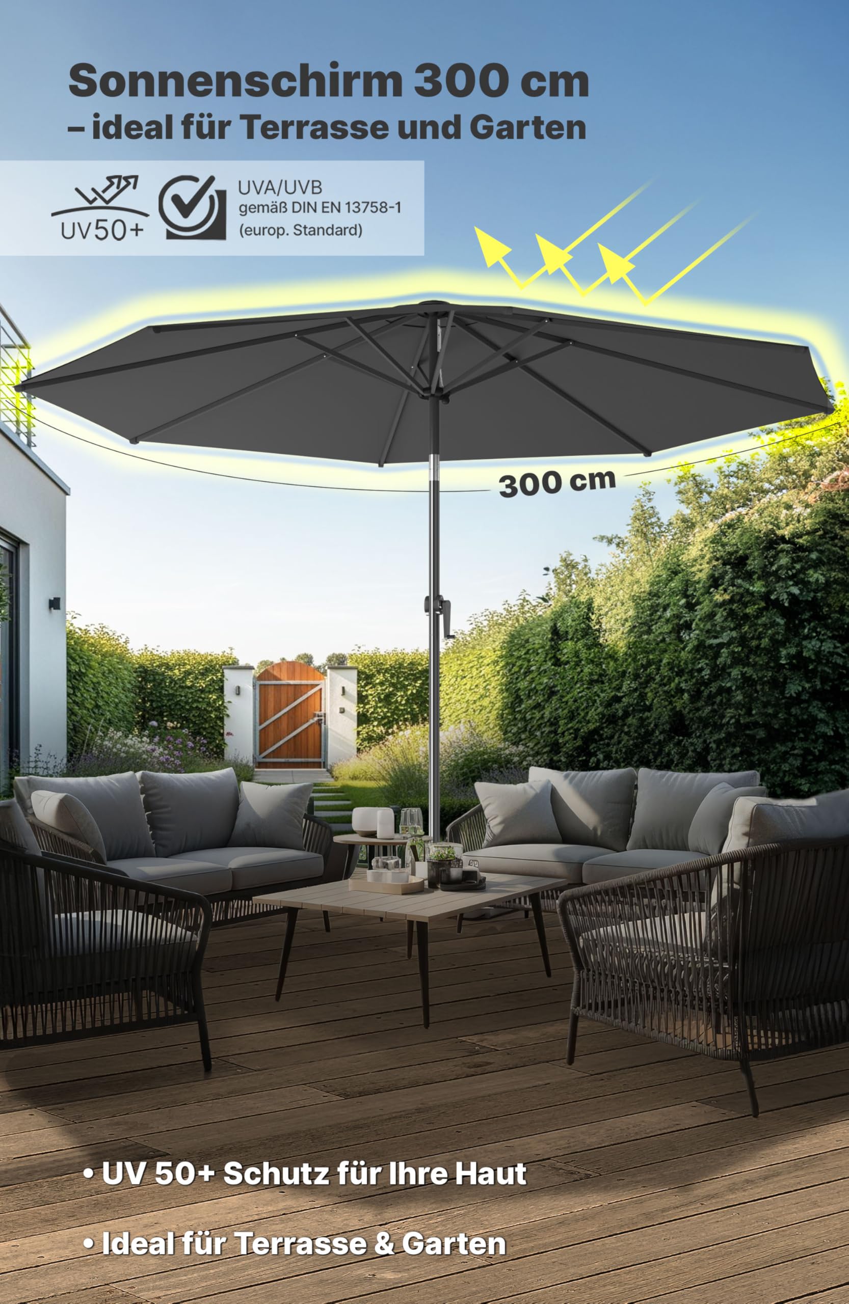 4smile Sonnenschirm 300 cm, mit Kurbel – großer Sonnenschirm Balkon für die Terrasse, mit UV 50+ Schutz, 3 m Durchmesser, kippbar um 45°, flexibel und neigbar für ganztägigen Sonnenschutz, Anthrazit