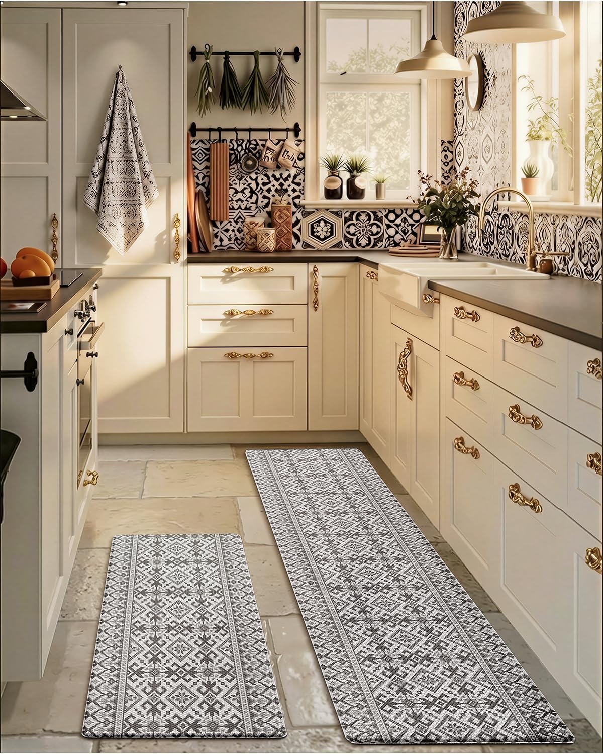 LUMI Anti-Fatigue Kitchen Floor Mats Set of 2,Cushioned Comfort Standing Rug Waterproof 2PCS, Non-Slip Ergonomic Foam Runner for Sink, Laundry, Office & Home,17x29+17x59,