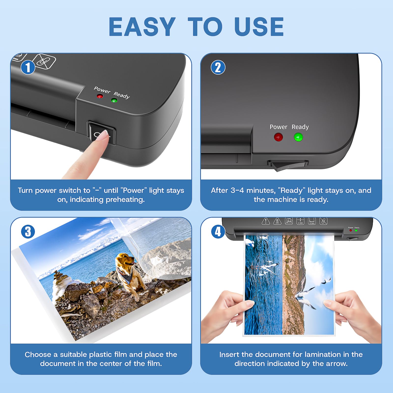 Laminator A4 Termiczna Maszyna do Laminowania na Gorąco z 15 Foliami Laminacyjnymi 70–100 Mikronów do Dokumentów A4 A5 A6, Zdjęć, Biura, Domu, Szkoły, Restauracji, Czarny