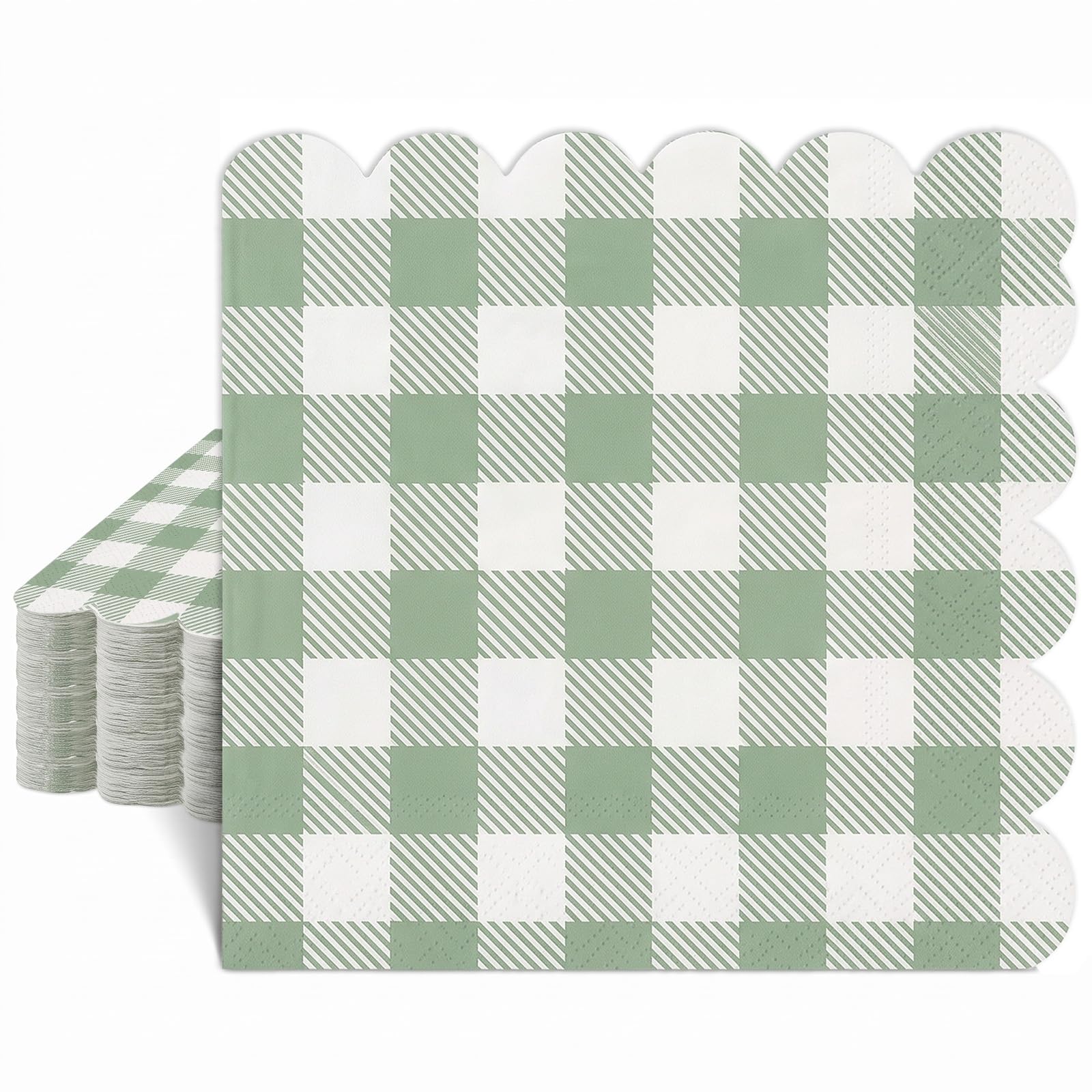 Sage Green Gingham Napkins, 40 Pack 2-Ply Green and White Paper Serviettes