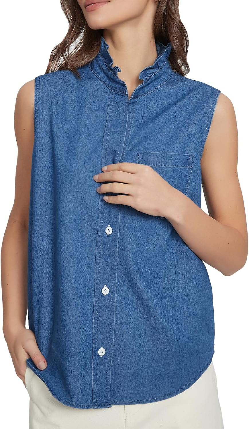 SCOFEEL Women's Ruffle Collar Sleeveless Denim Shirt Lightweight Button Down Chambray Blouse for Summer Casual Jean Top