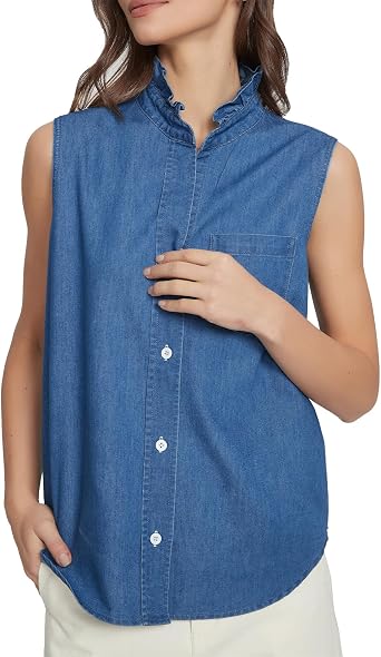 SCOFEEL Womens Chambray Denim Shirt Sleeveless Ruffle Collar Button Up Top | Front Pocket, Casual Outfits, Lightweight Fabric, Relaxed Fit, Breathable Feel, Minimalist Style, Workwear Look, Summer cloth