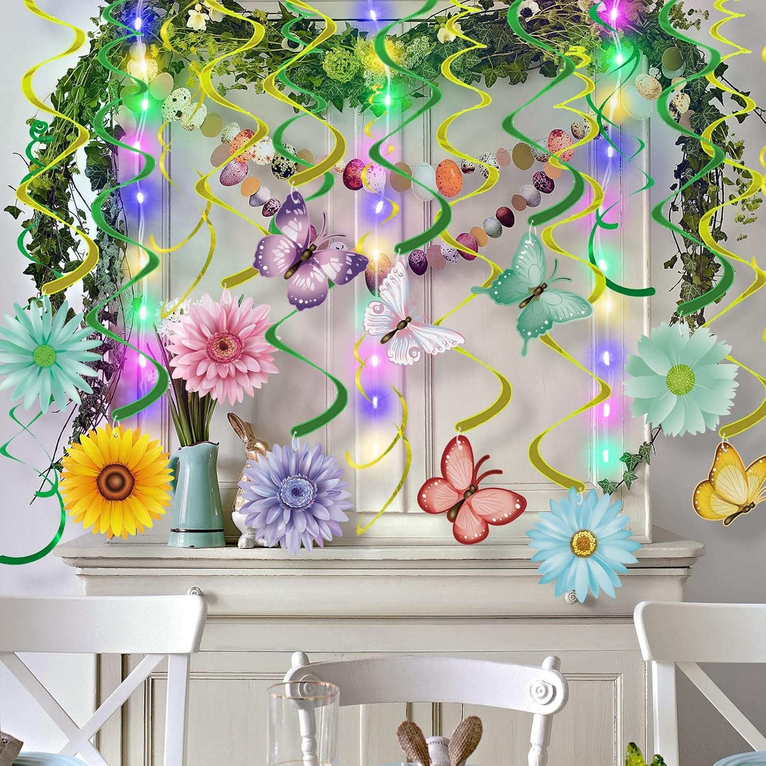 VABAMNA 33pcs Spring Hanging Decorations for Home - Flower Butterfly Hanging Swirls with Led Lights for Spring Summer Easter Flower Butterfly Themed Birthday Party Decorations : Home & Kitchen