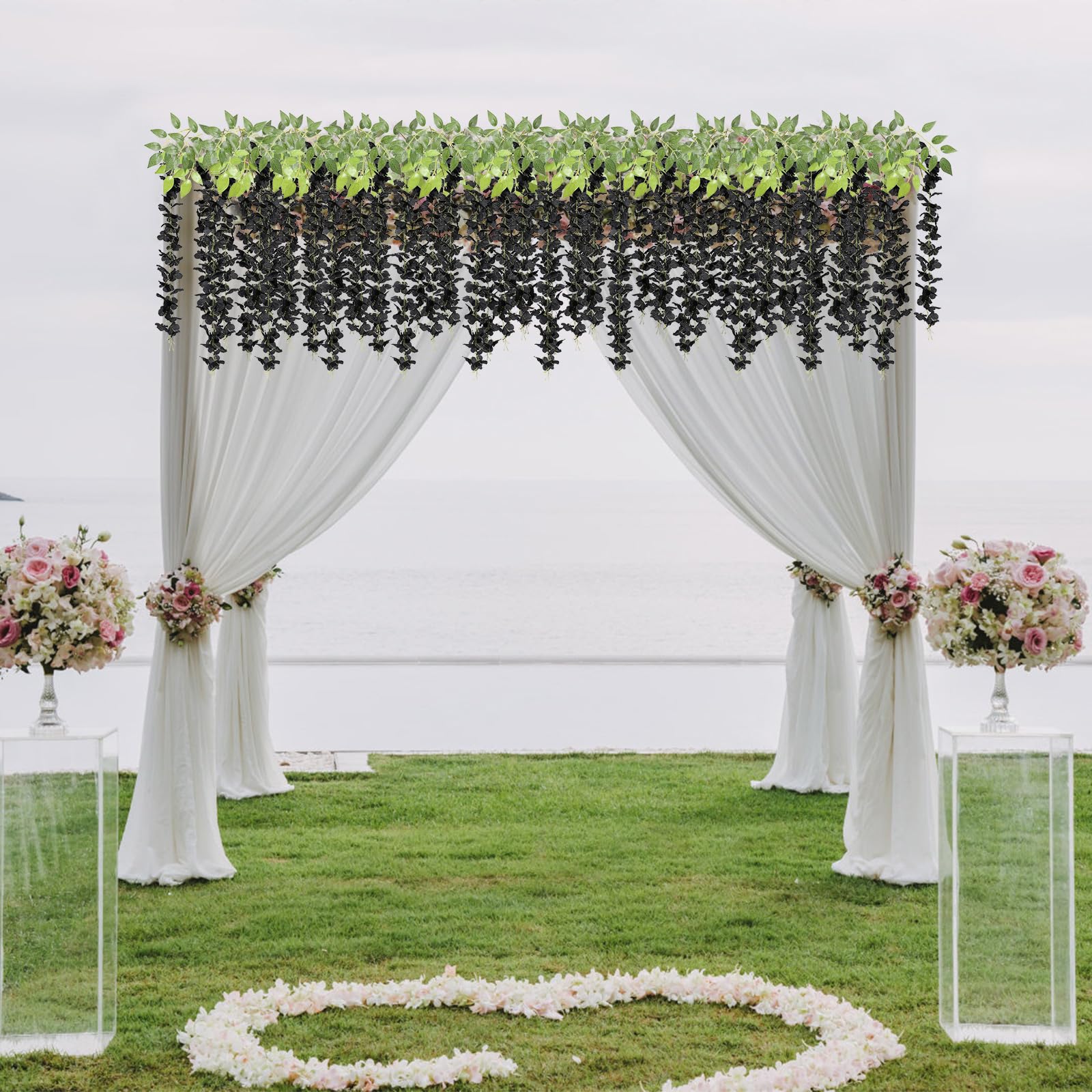 U'Artlines Künstliche Glyzinien-Ranken (2,20 m Gesamtlänge), Rattan-Girlande, zum Aufhängen, Seidenblumen, für Zuhause, Party, Hochzeit, Dekoration, 24 Stück, Schwarz