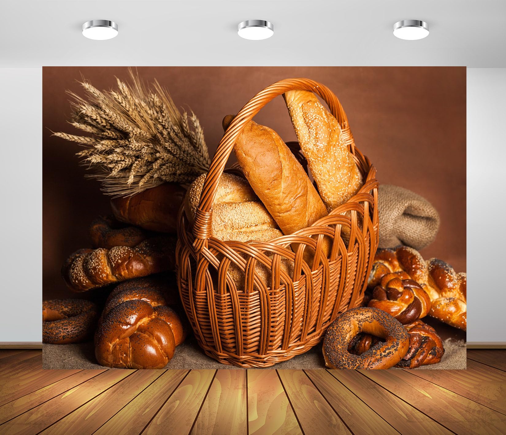 BELECO 2.5x2.5m Fabric Brotkorb mit Weizen auf Braunem Fotohintergrund