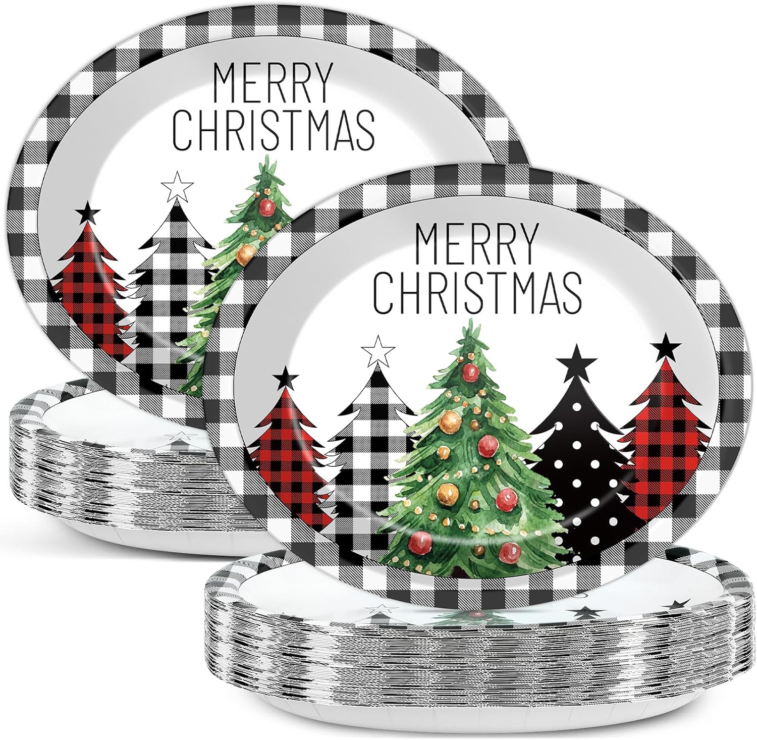 50Pcs Christmas Oval Paper Plates Large Disposable 11'' Dinner Plates Heavy Duty Buffalo Plaid Christmas Tree Black White Party Decoration Xmas Serving Tray for Holiday Party Supplies Tableware Set
