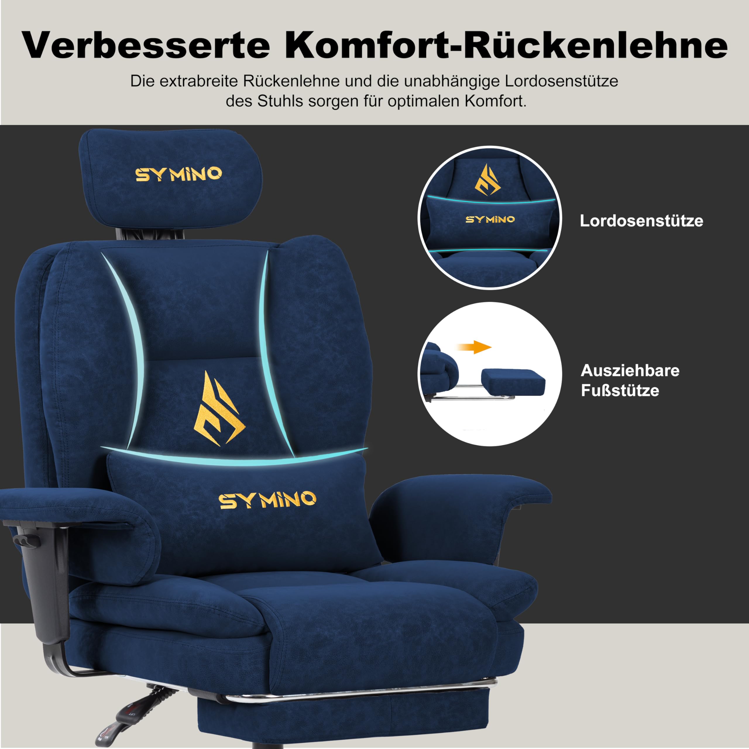Symino Gaming Stuhl Chefsessel Bürostuhl Ergonomisch, Vintage-PU-Leder Schreibtischstuhl mit Fußstütze Höhenverstellbarer Office Chair Computerstuhl 130kg, Dunkelblau