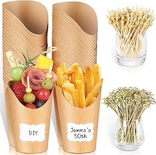 [50 Charcuterie Cups + 200 Cocktail Picks + 50 Labels Disposable Kraft Charcuterie Cups with Sticks, 12 oz French Fry Holder, Brown Paper Snack Appetizer Cups Charcuterie Boards Accessories