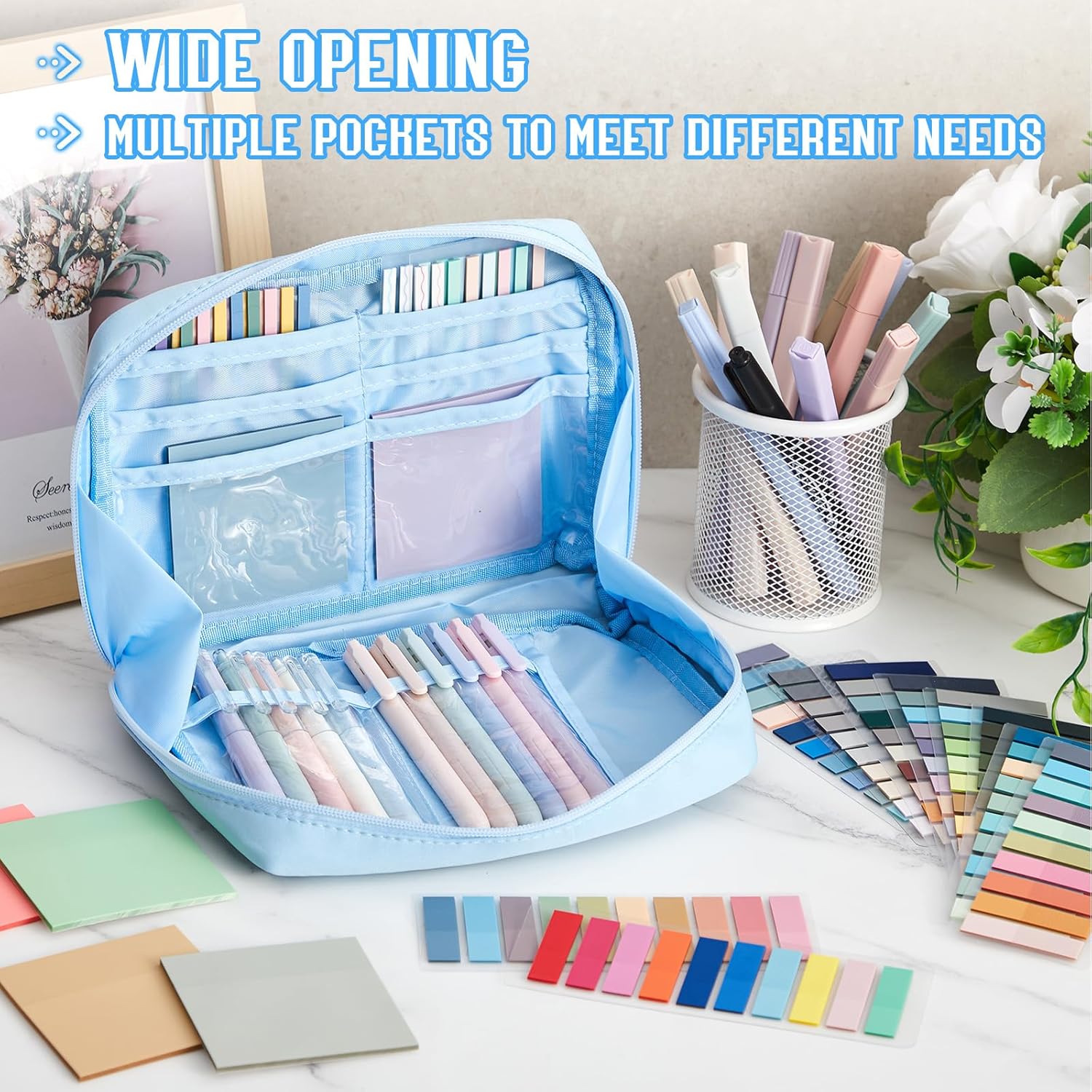 Trandraft 135 Pcs Book Annotation Kit Aesthetic Pencil Case Bag 12 Highlighter 11 Gel Pen 1 Marker 300 Sheet Transparent Sticky Notes Pad 2640 Index Stickers Bible Study Supplies(Kawaii,Blue)