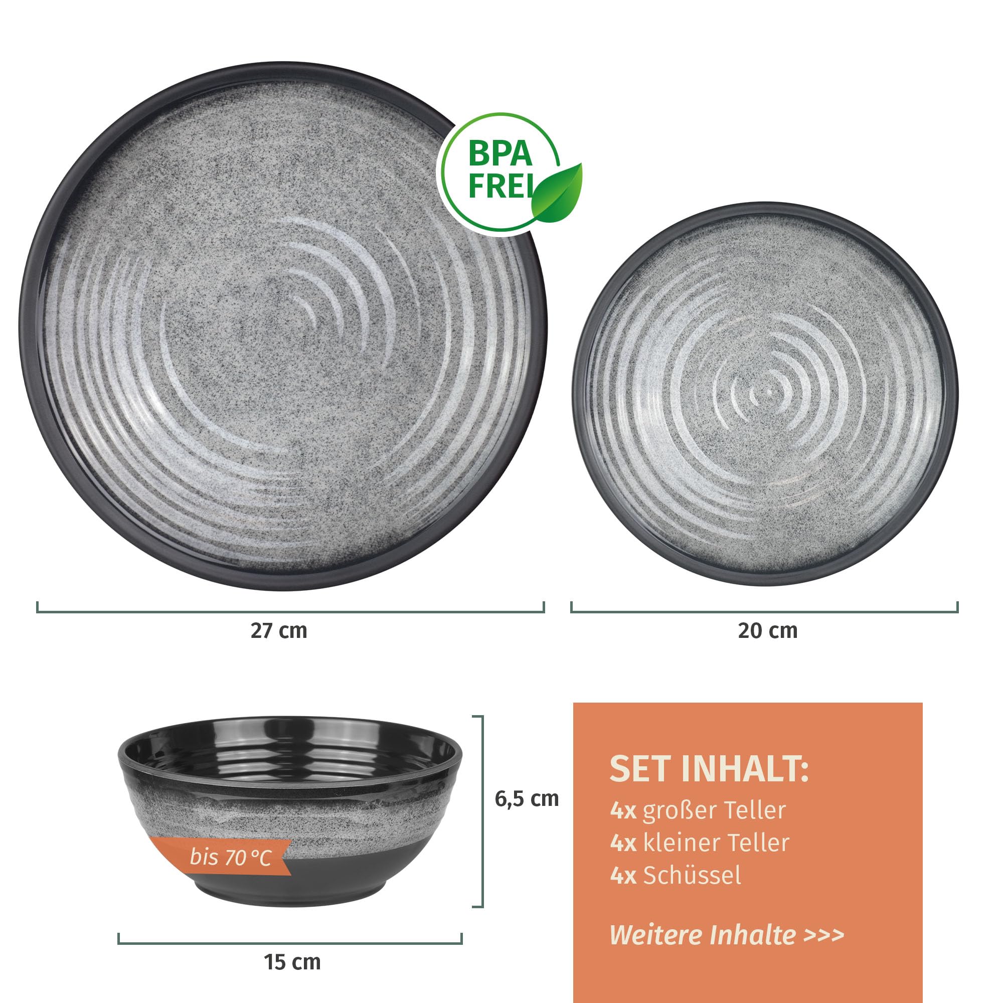 Melamina zestaw naczyń kempingowych dla 4 osób, Stone Grey + 16 szklanek Milano, kieliszki do wody, kieliszki do wina, szampana, zastawa stołowa, piknik, grill, naczynia do gotowania
