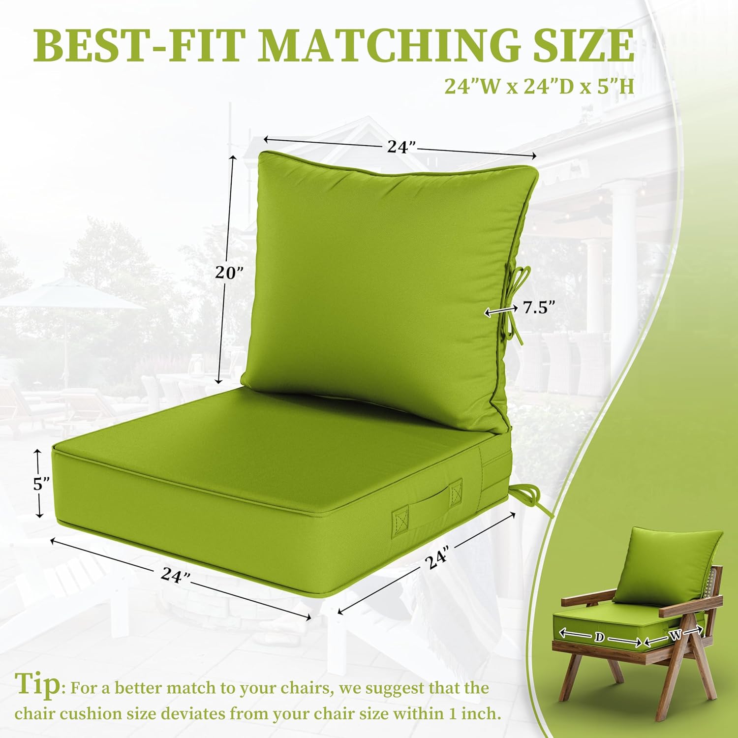 Outdoor Seat Cushion Set 24 L × 24 W × 5 H Inch Waterproof & Fade Resistant Patio Furniture Cushions with Removable Cover with Handle and Straps for Sofa Chairs, Chairs, Grass Green