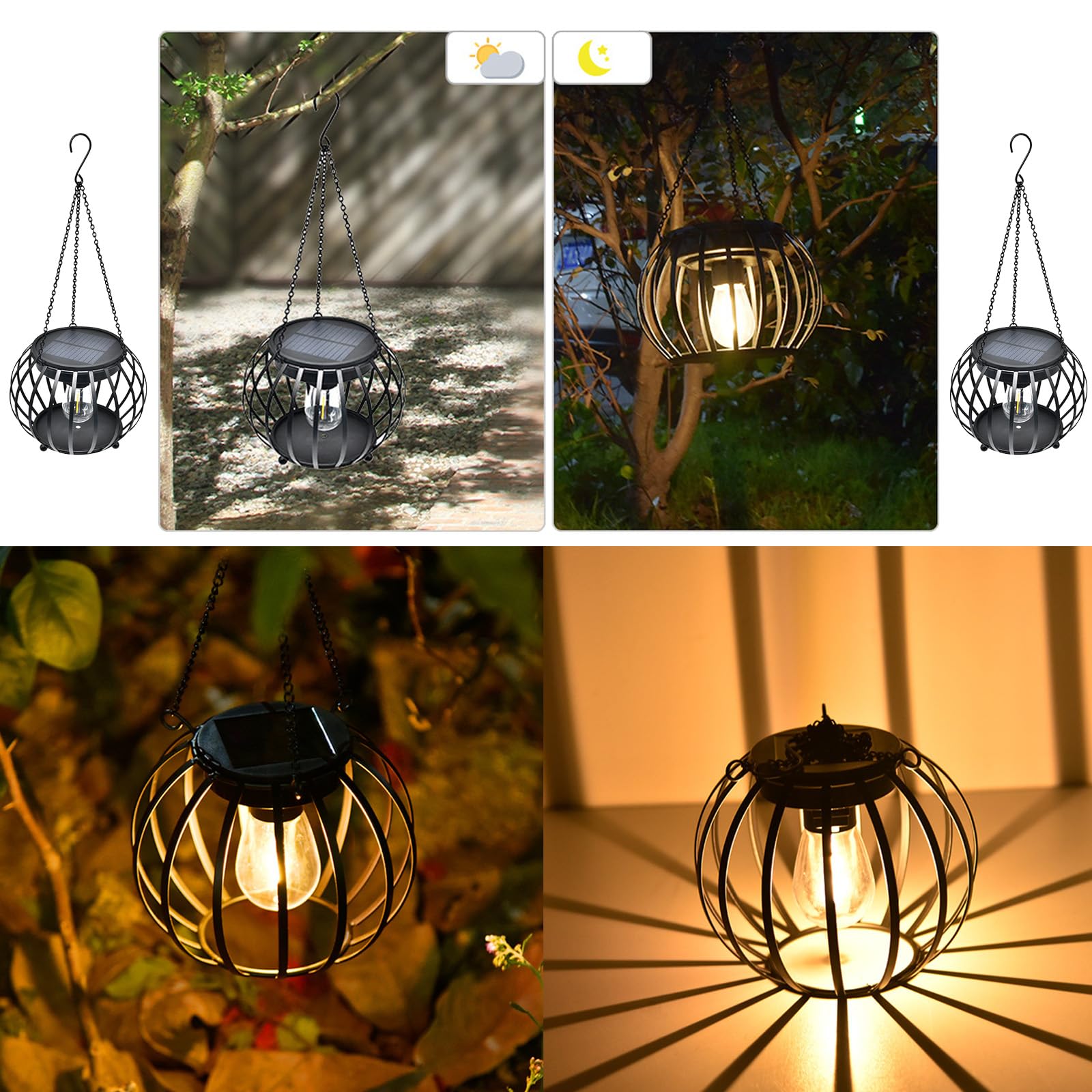 Solarne lampiony z wodoodpornymi wiszącymi lampami solarnymi – metalowe dekoracyjne oświetlenie na taras, do ogrodu, na podwórko – oświetlenie zewnętrzne z haczykiem do lamp solarnych na zewnątrz do