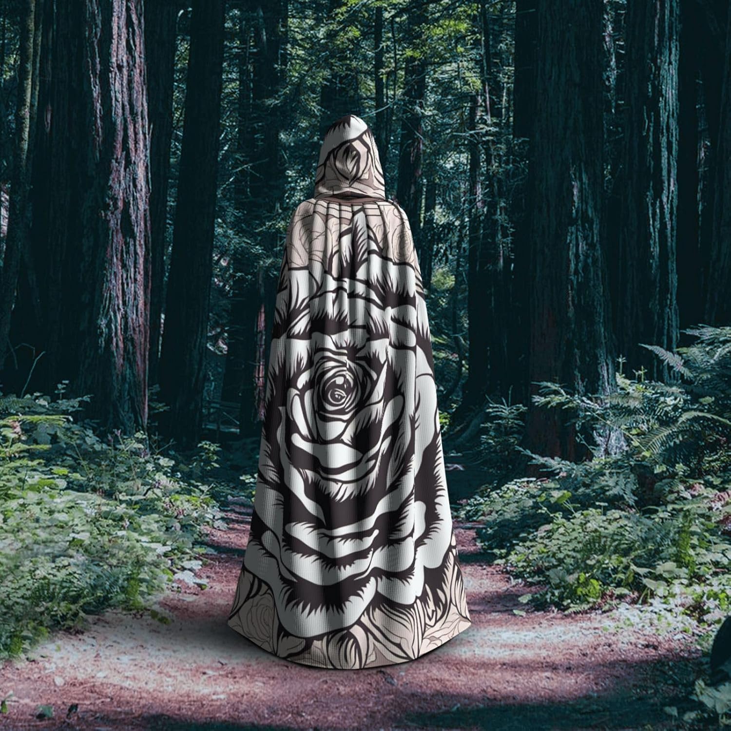 Unisex Full Length Hooded Halloween Christmas Party Robe Cloak Cape Cosplay Costume Men Women Many Lovely Roses Prints